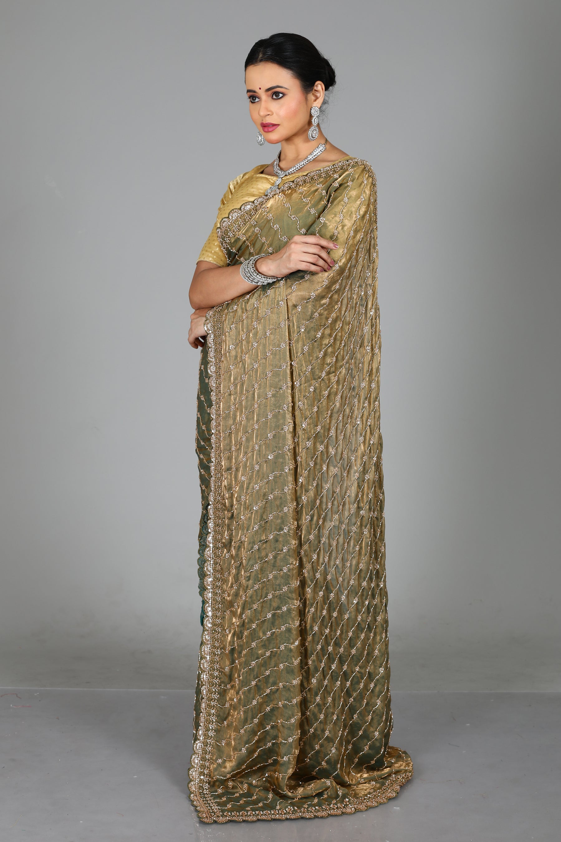 Olive Green Blended Georgette Saree