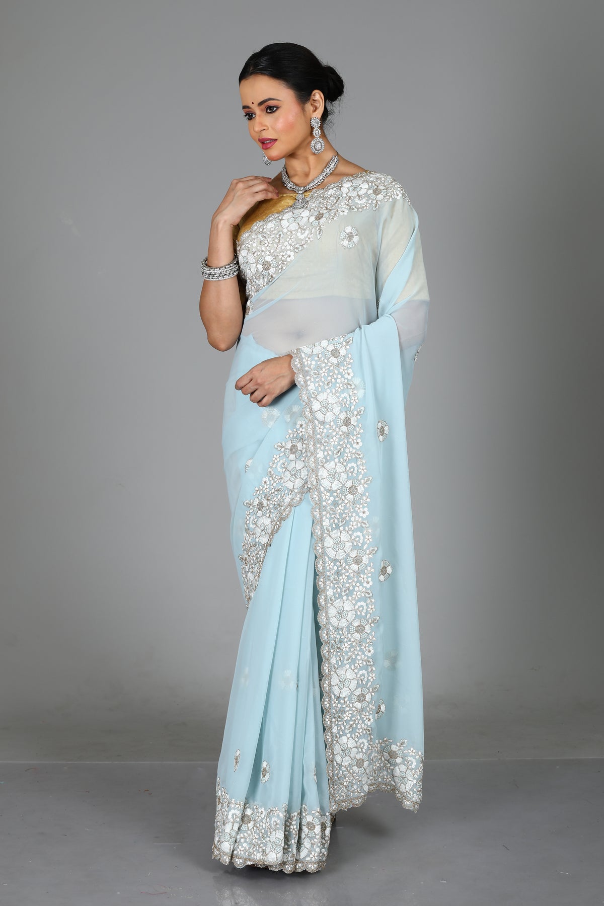 Light Blue Blended Georgette Saree