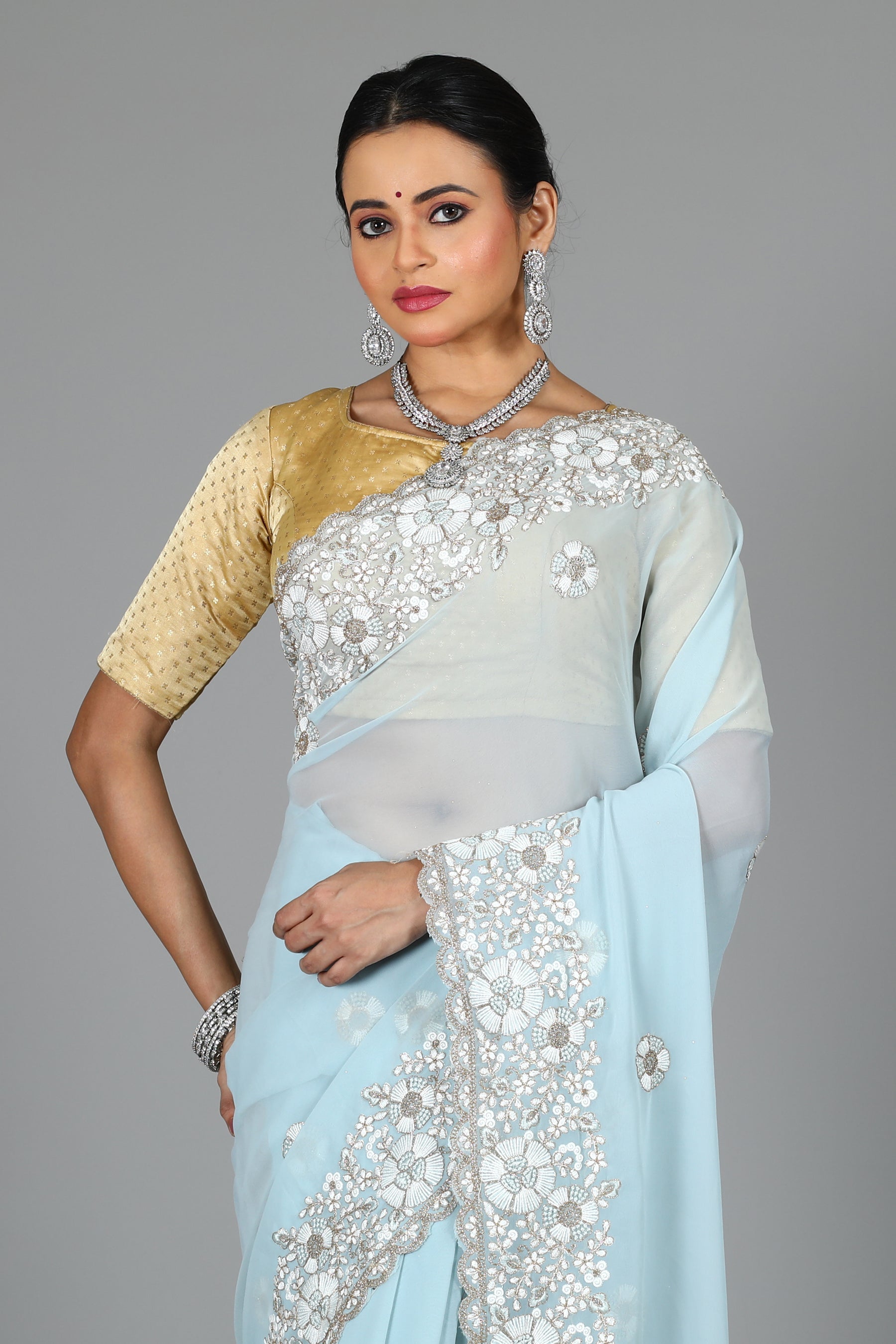 Light Blue Blended Georgette Saree