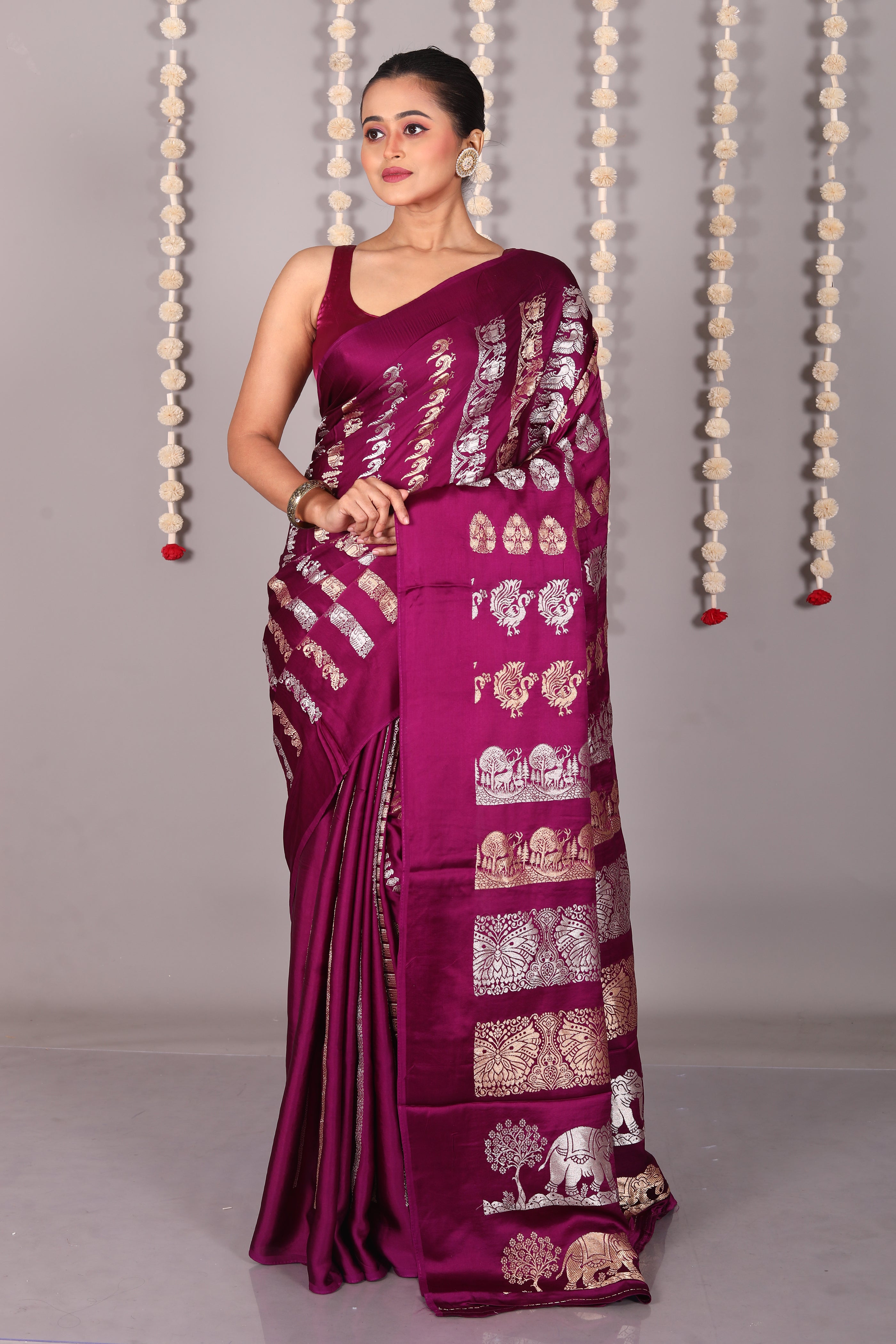 Wine Blended Satin Silk Saree - Keya Seth Exclusive
