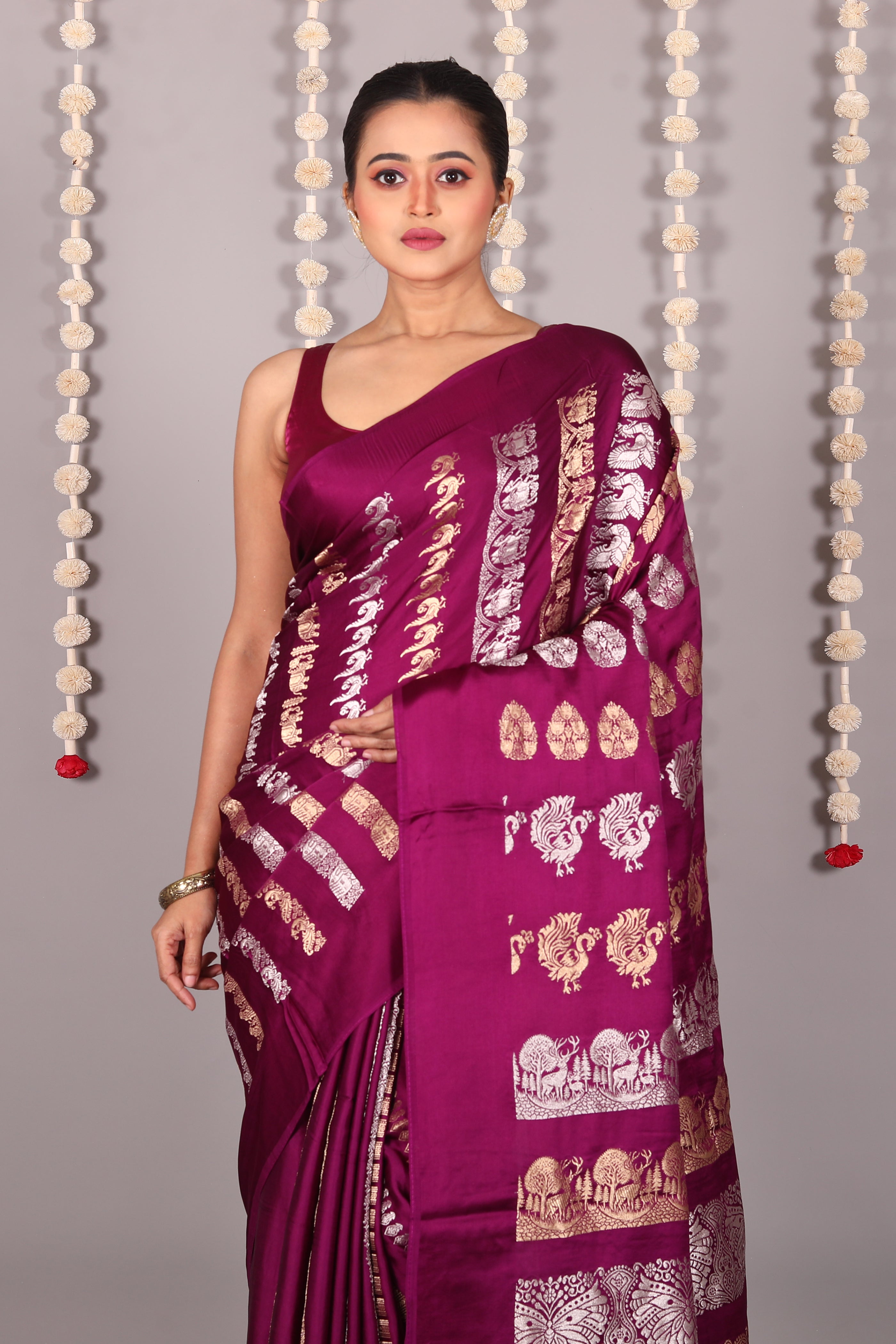 Wine Blended Satin Silk Saree - Keya Seth Exclusive