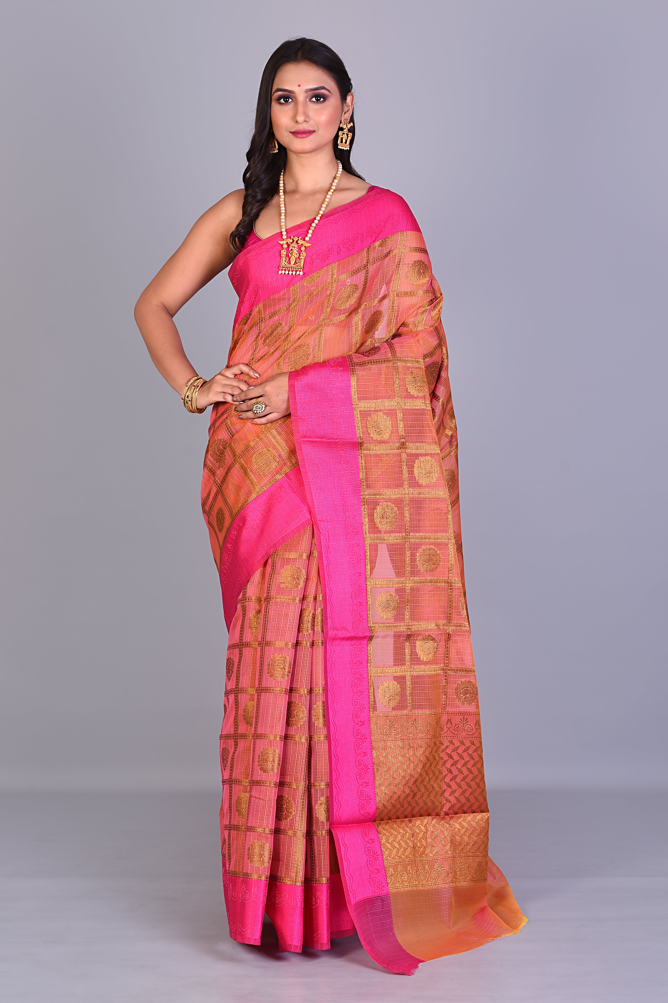 Orange Blended Organza Saree with Pink Borders - Keya Seth Exclusive