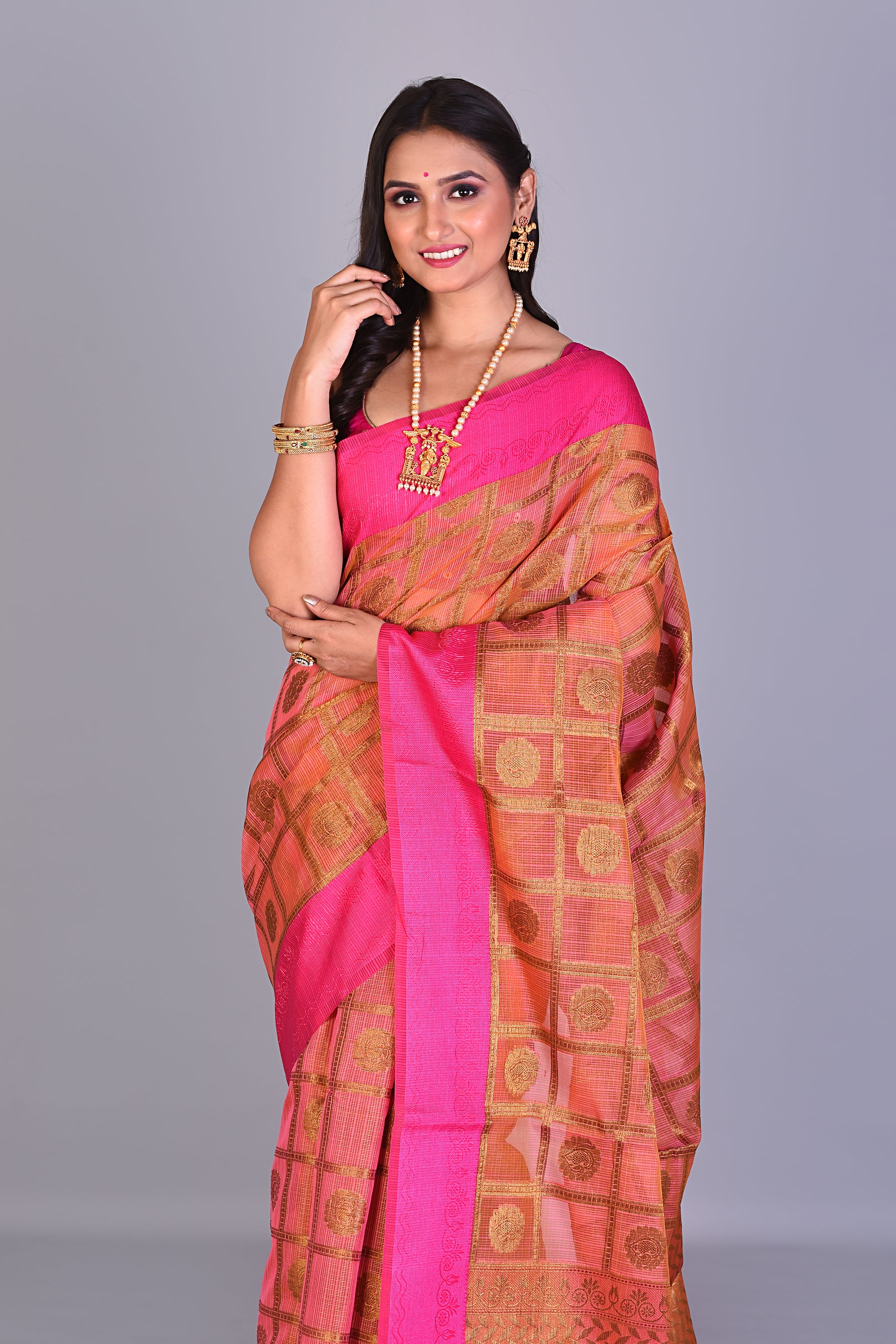 Orange Blended Organza Saree with Pink Borders - Keya Seth Exclusive