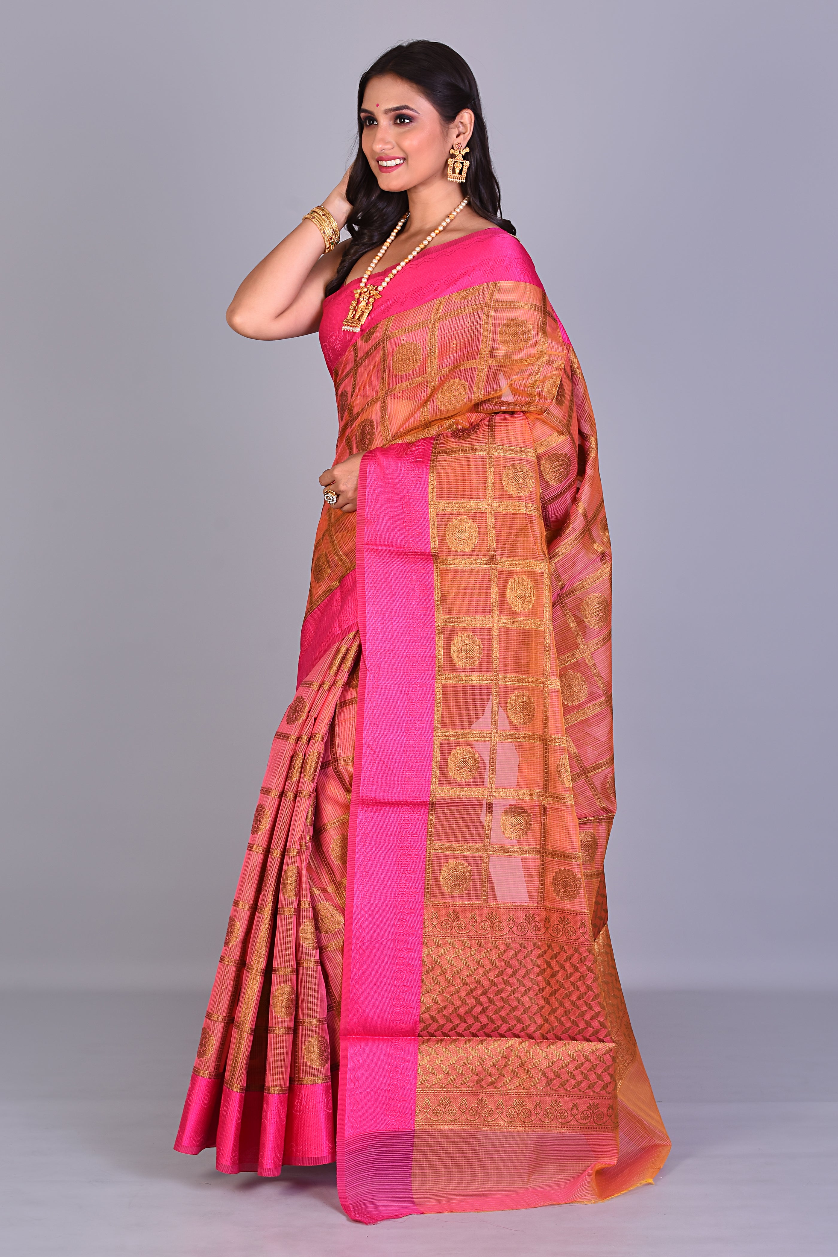 Orange Blended Organza Saree with Pink Borders - Keya Seth Exclusive