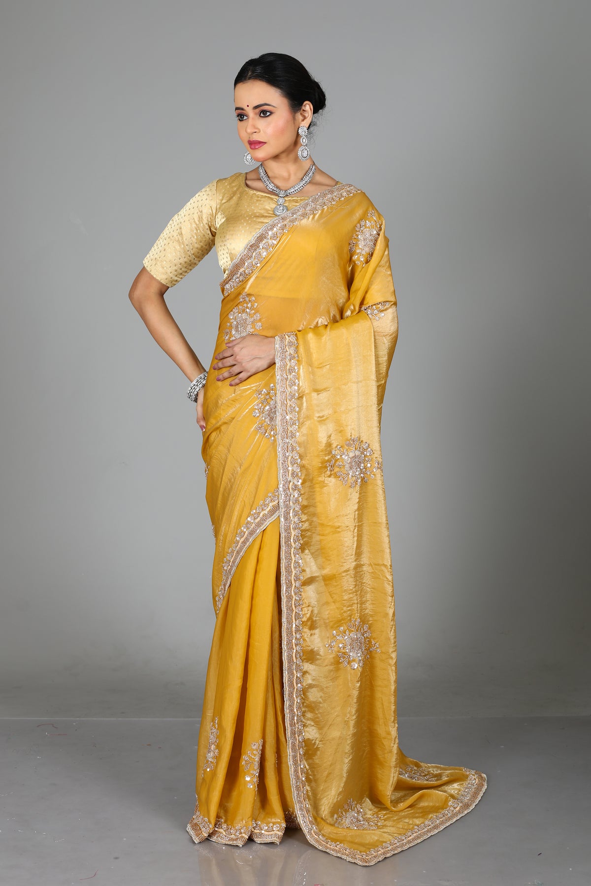 Light Yellow Blended Georgette Saree