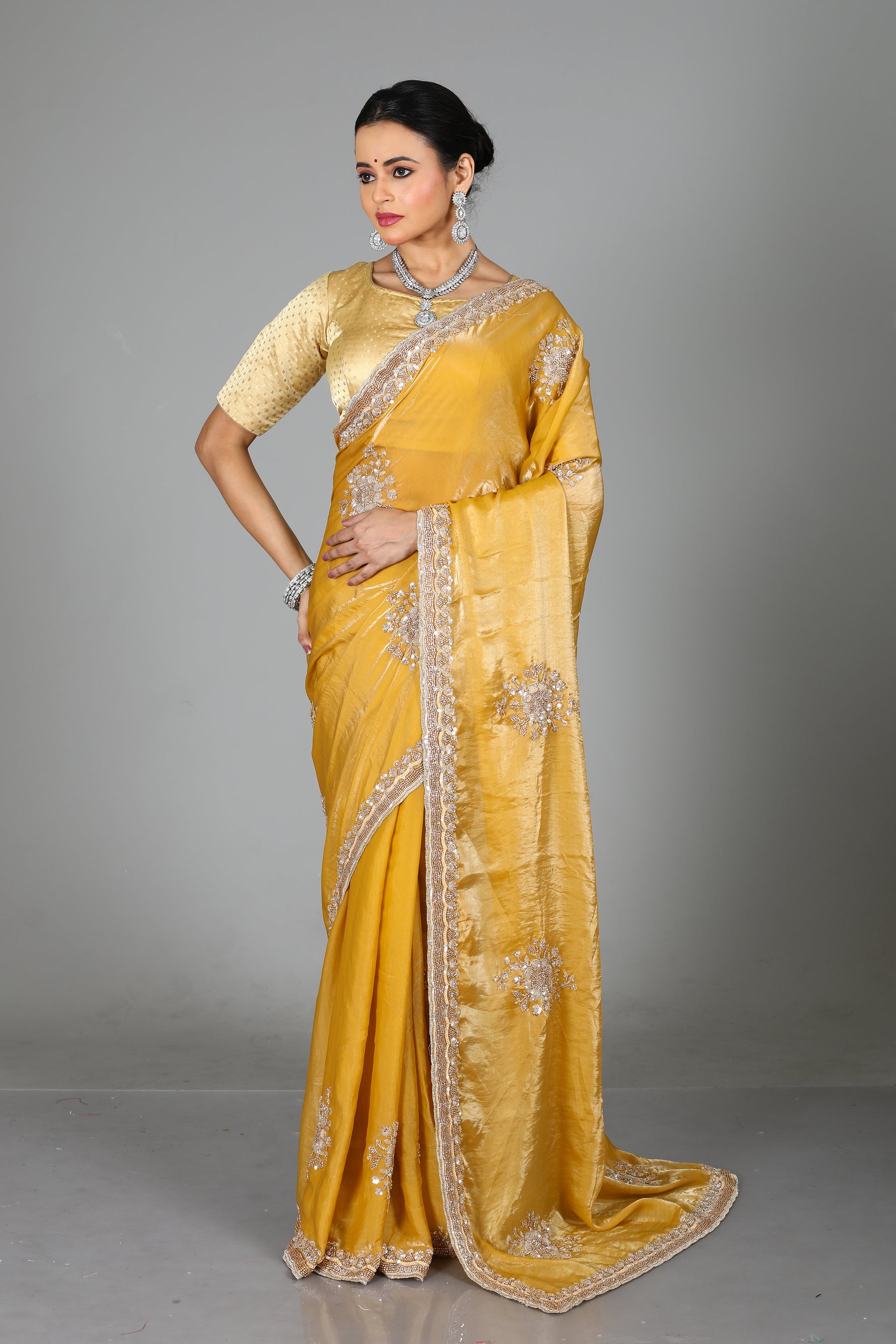 Light Yellow Blended Georgette Saree