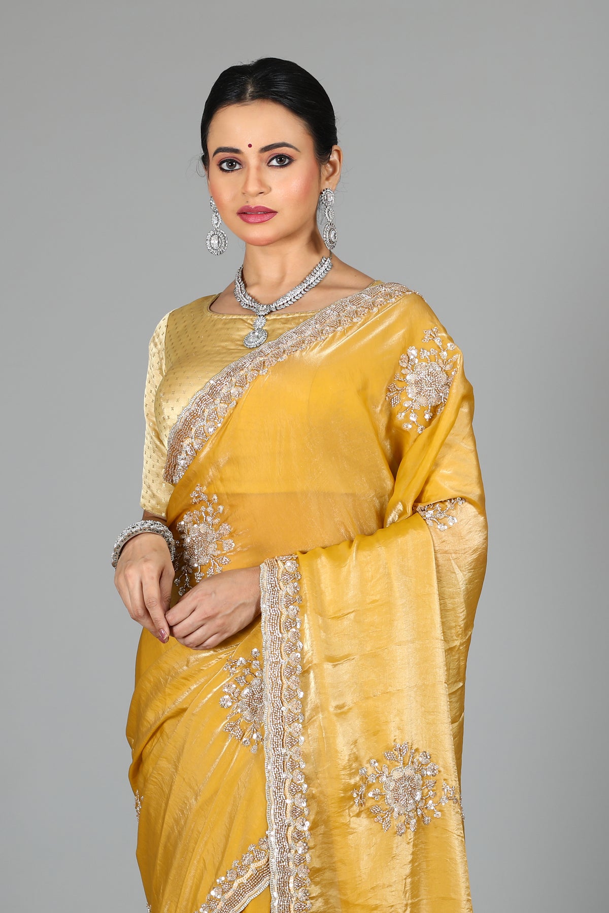 Light Yellow Blended Georgette Saree
