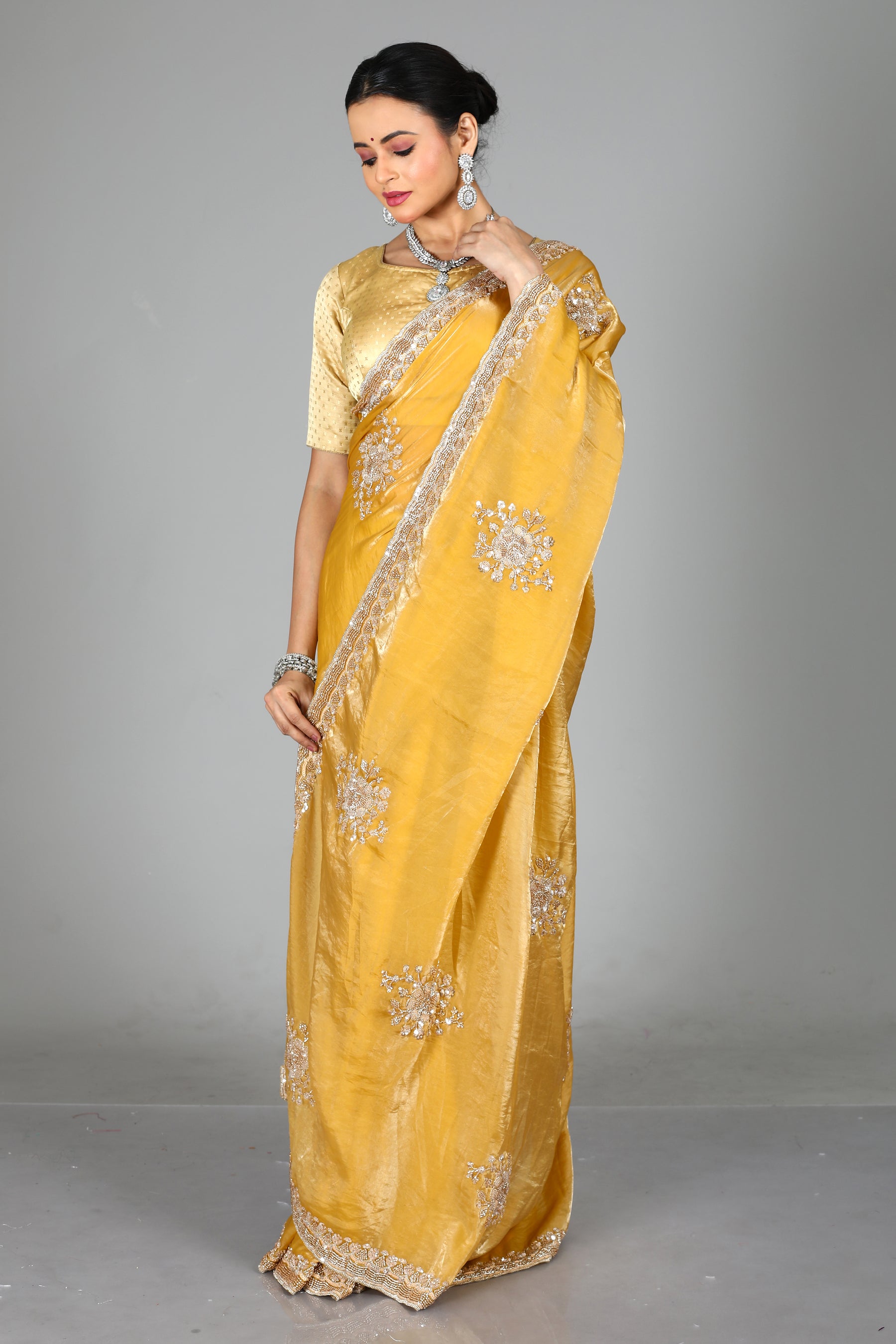 Light Yellow Blended Georgette Saree
