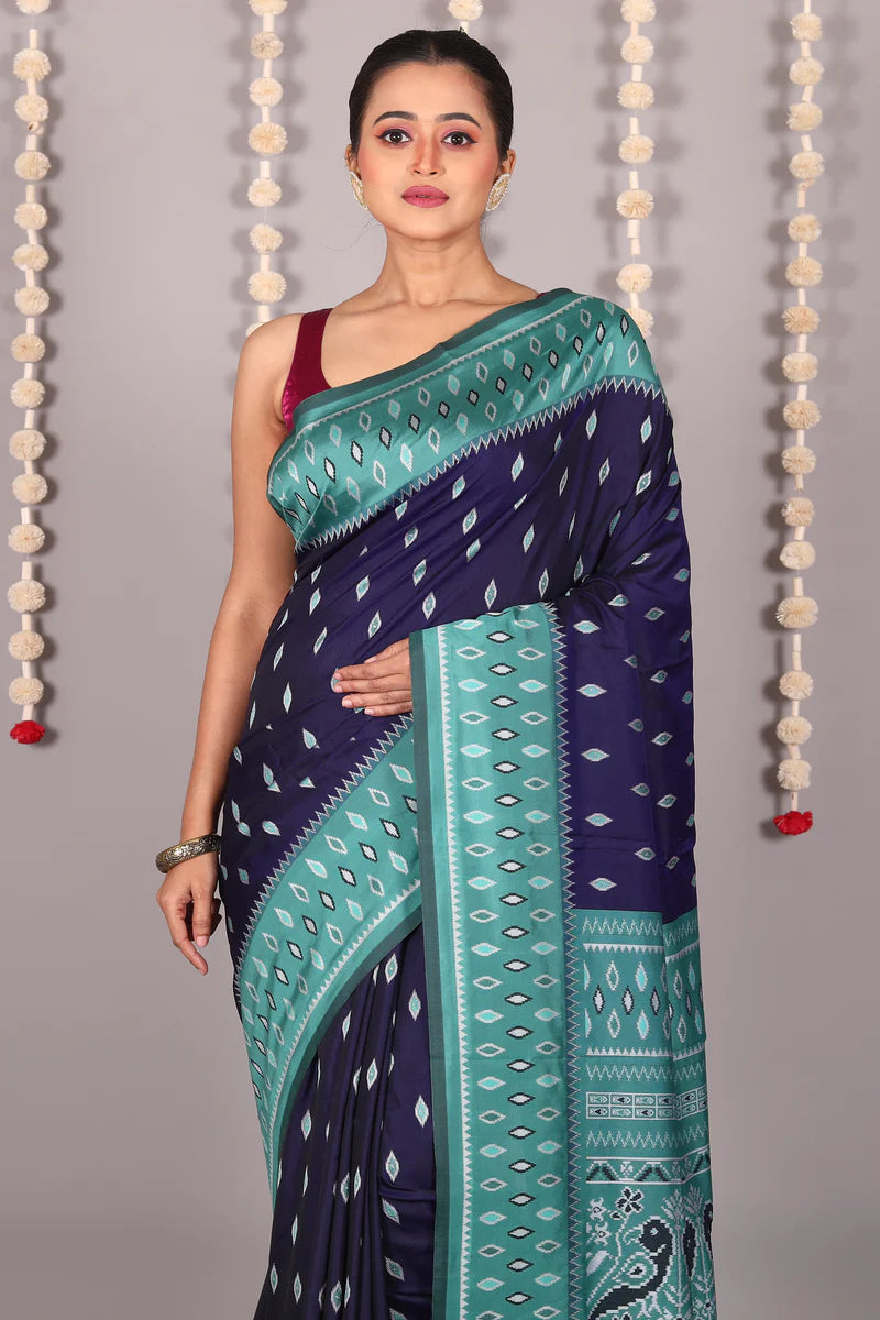 Navy Blue Blended Ikkat Silk Saree - Keya Seth Exclusive