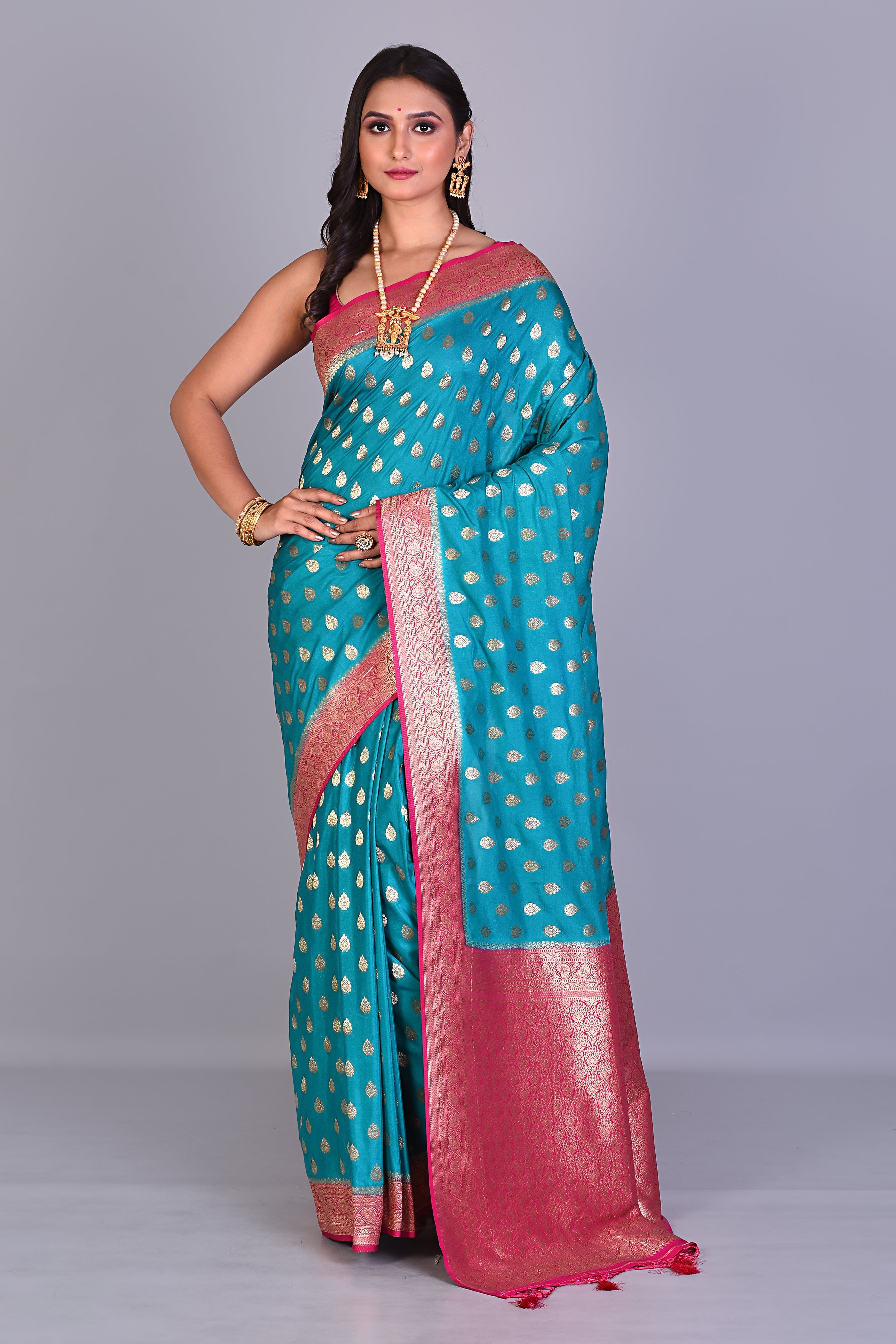 Blue Blended Silk Saree with Pink Borders - Keya Seth Exclusive