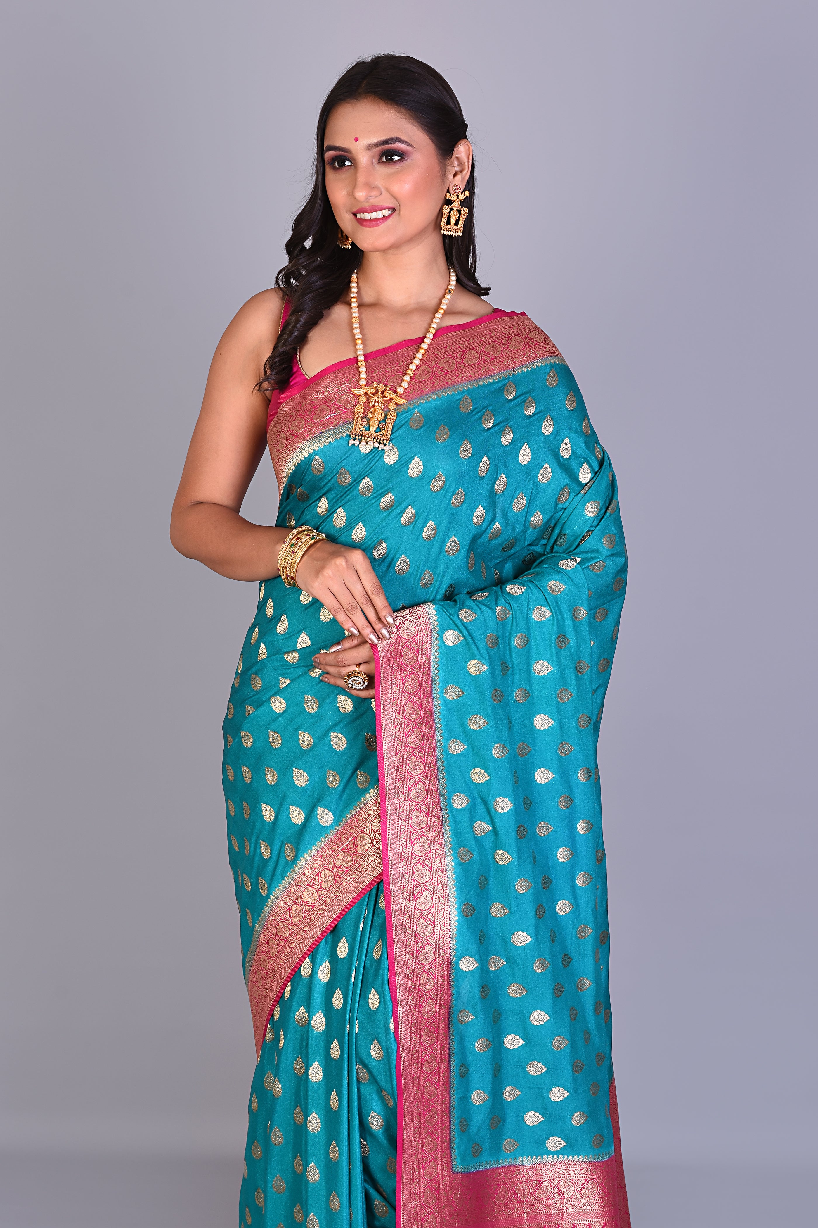 Blue Blended Silk Saree with Pink Borders - Keya Seth Exclusive