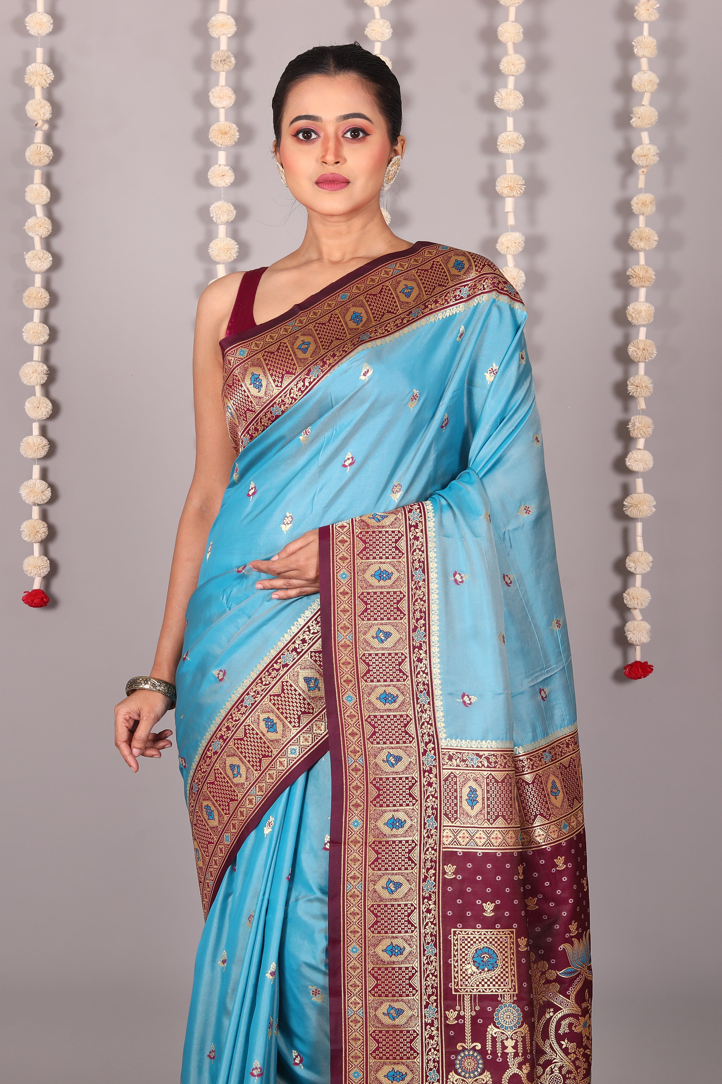 Light Blue Blended Mashru Silk Saree - Keya Seth Exclusive