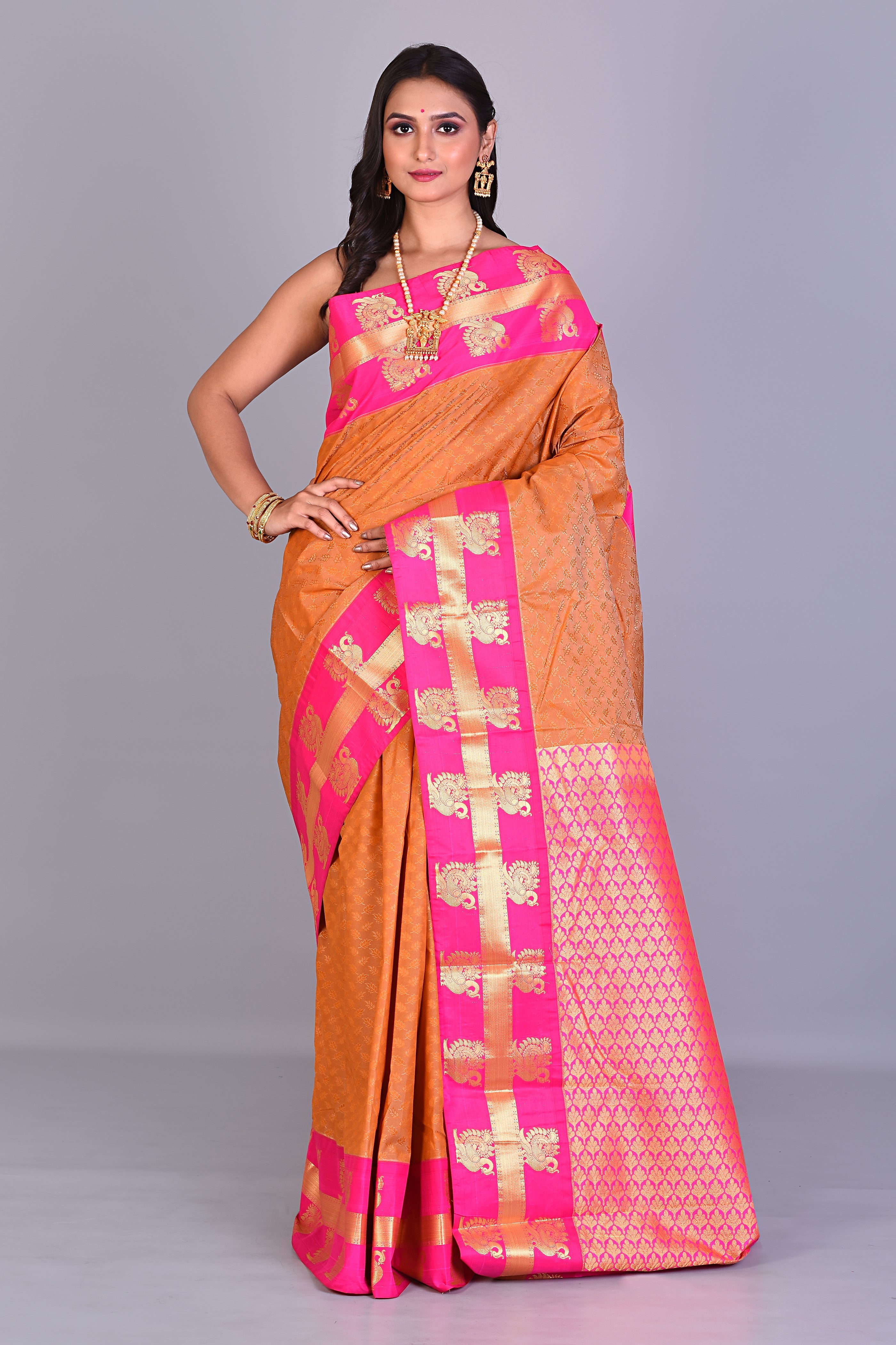 Orange Pattu Silk Saree with Pink Borders - Keya Seth Exclusive