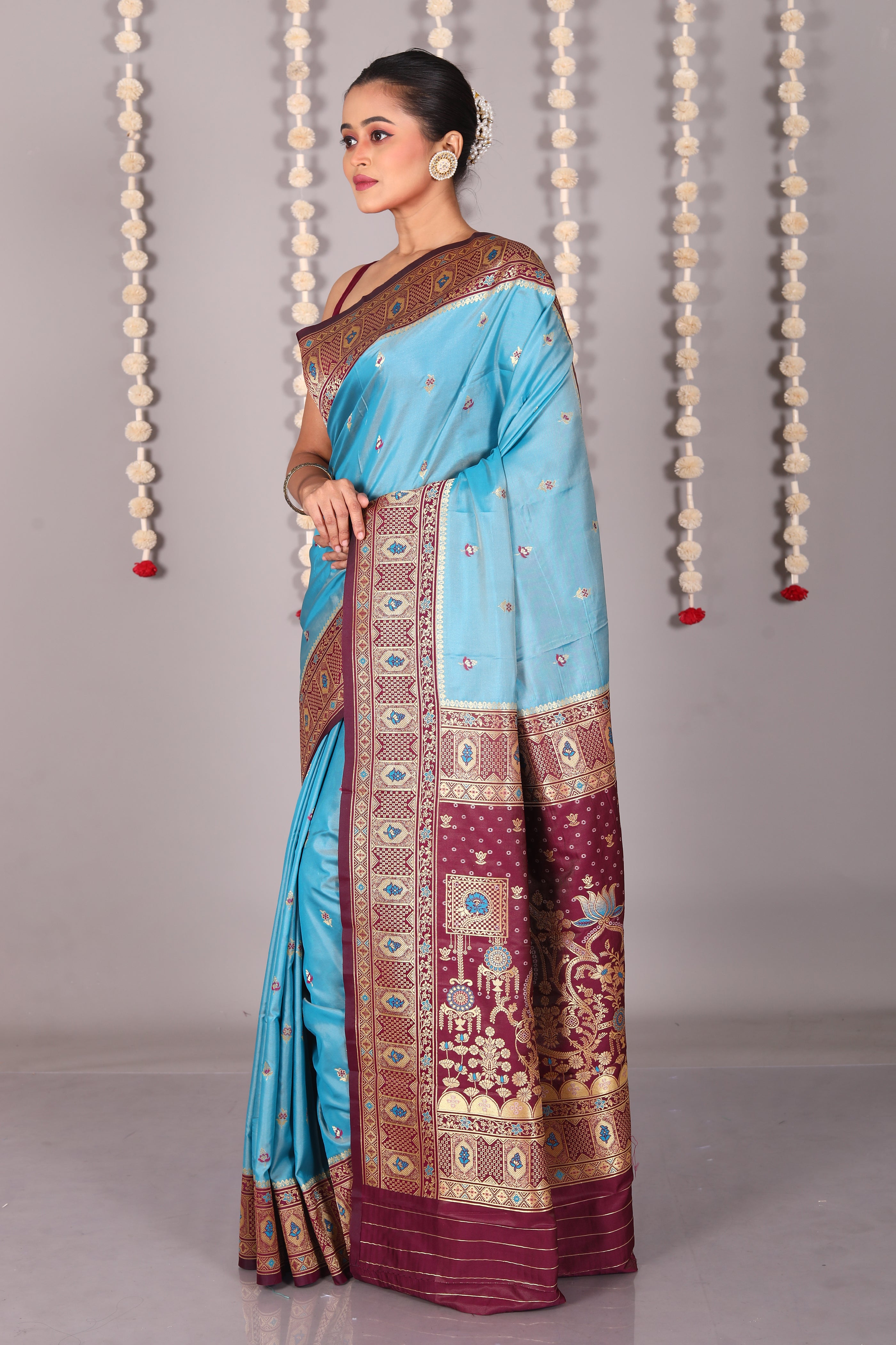 Light Blue Blended Mashru Silk Saree - Keya Seth Exclusive