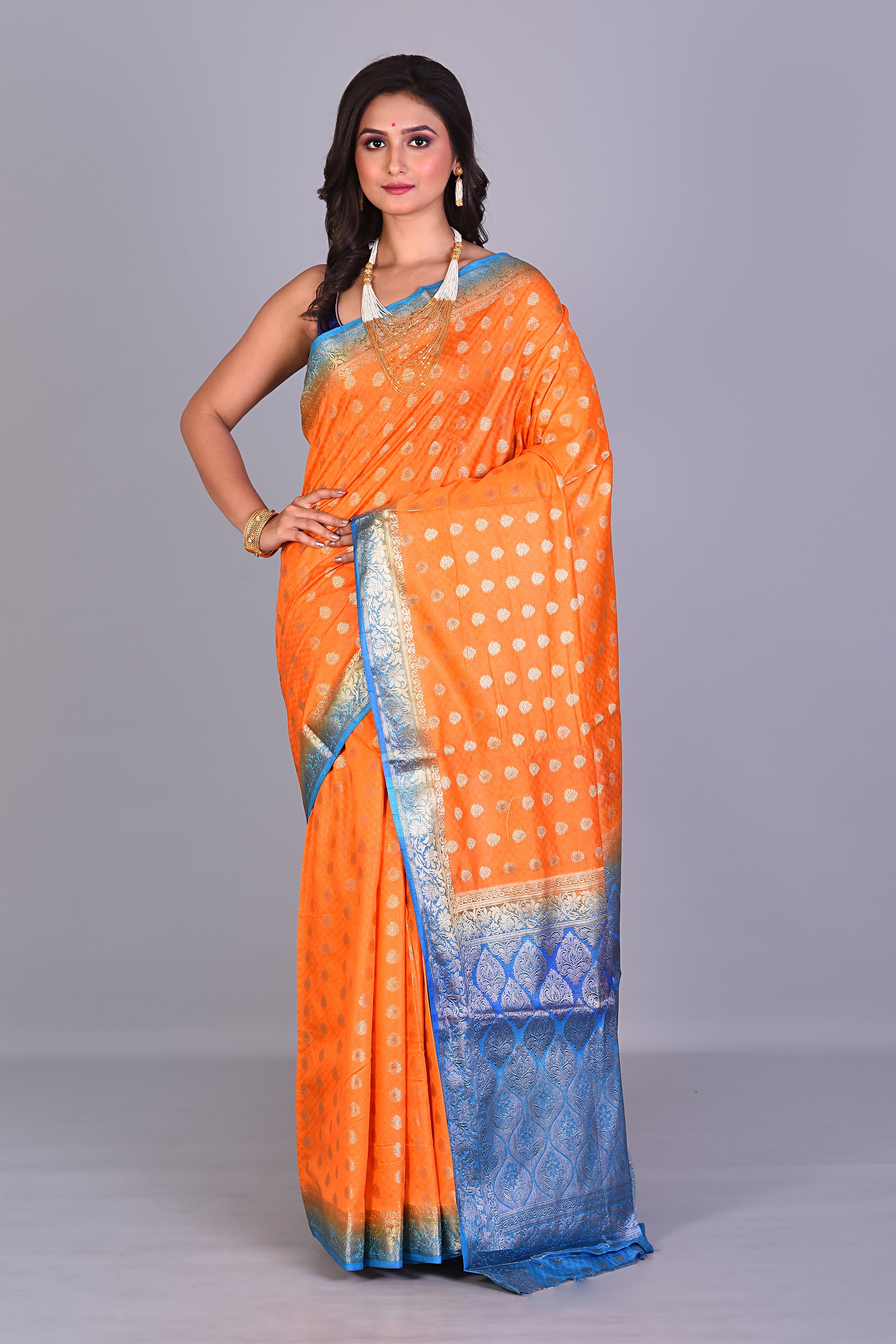 Orange Blended Matka Saree with Blue Borders - Keya Seth Exclusive