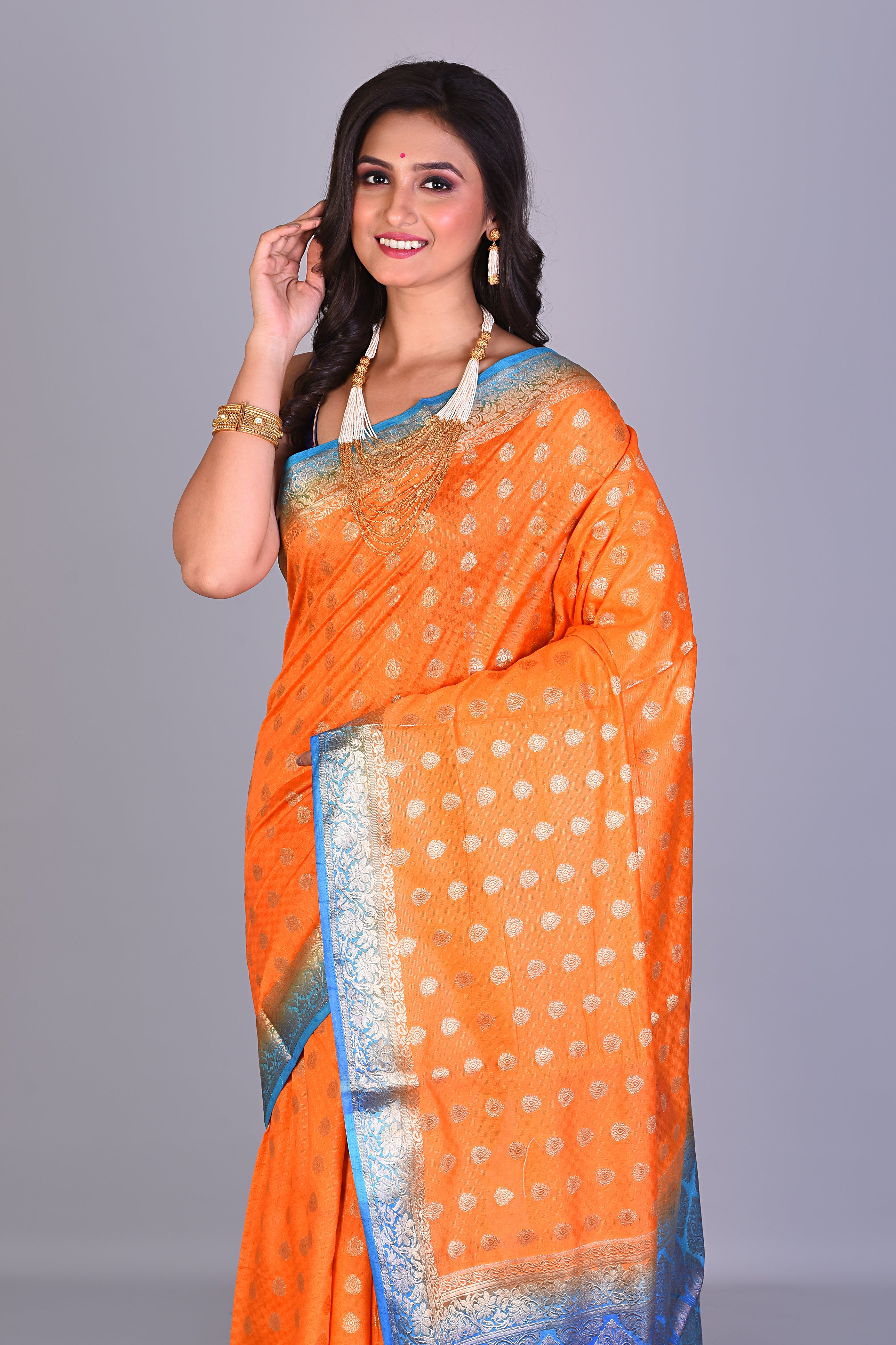 Orange Blended Matka Saree with Blue Borders - Keya Seth Exclusive