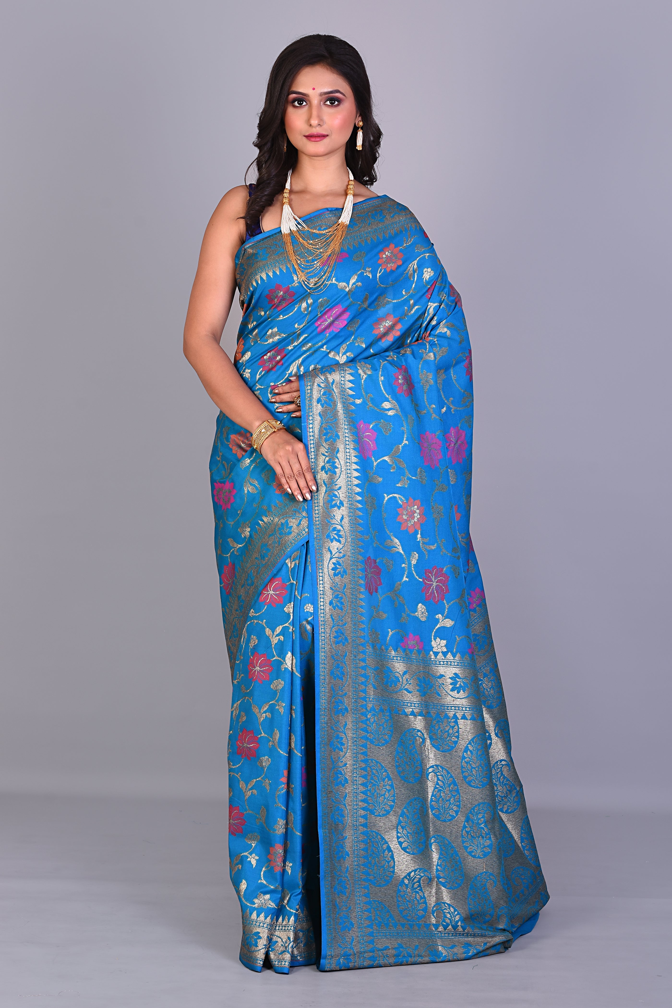 Blue Blended Dupion Silk Saree with Meenakari Works - Keya Seth Exclusive