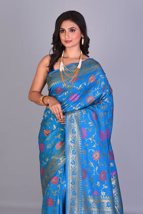 Blue Blended Dupion Silk Saree with Meenakari Works - Keya Seth Exclusive