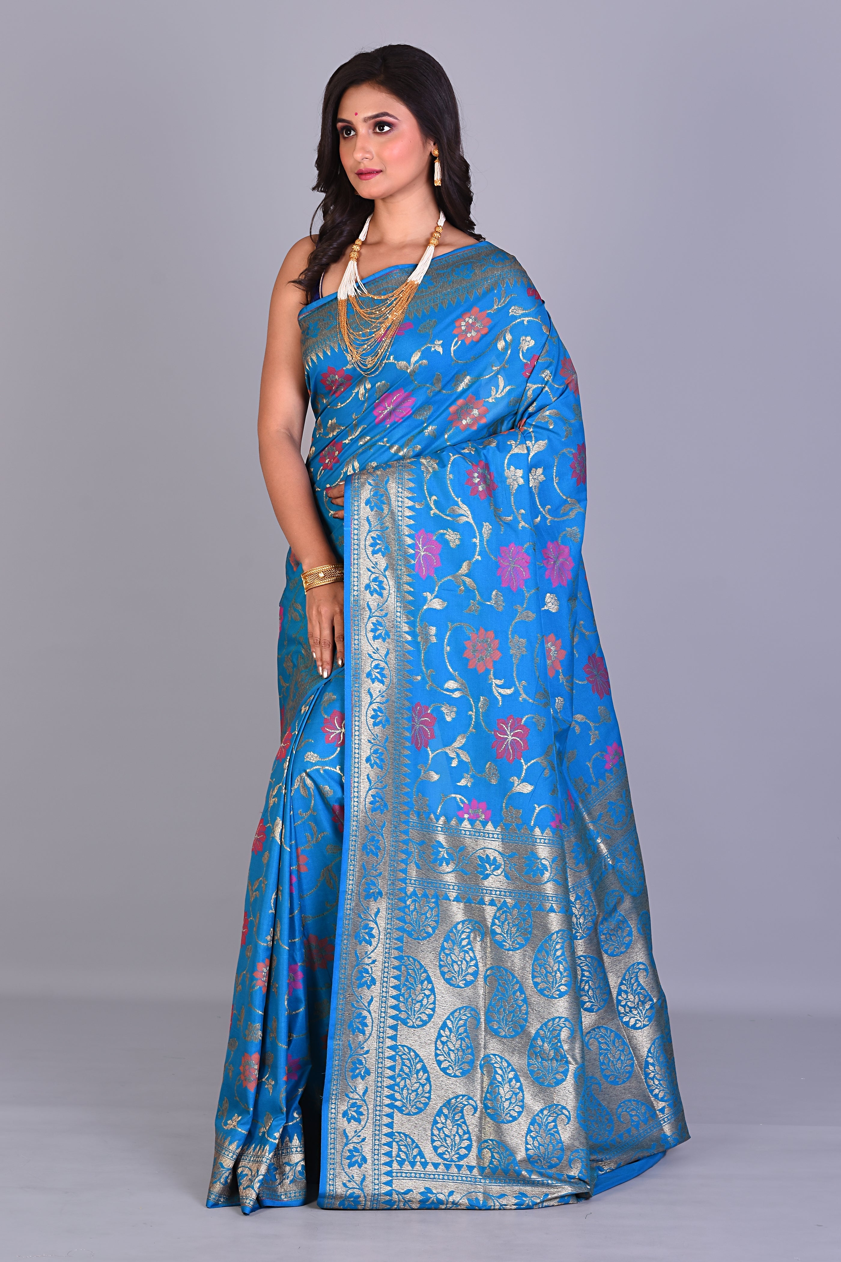 Blue Blended Dupion Silk Saree with Meenakari Works - Keya Seth Exclusive