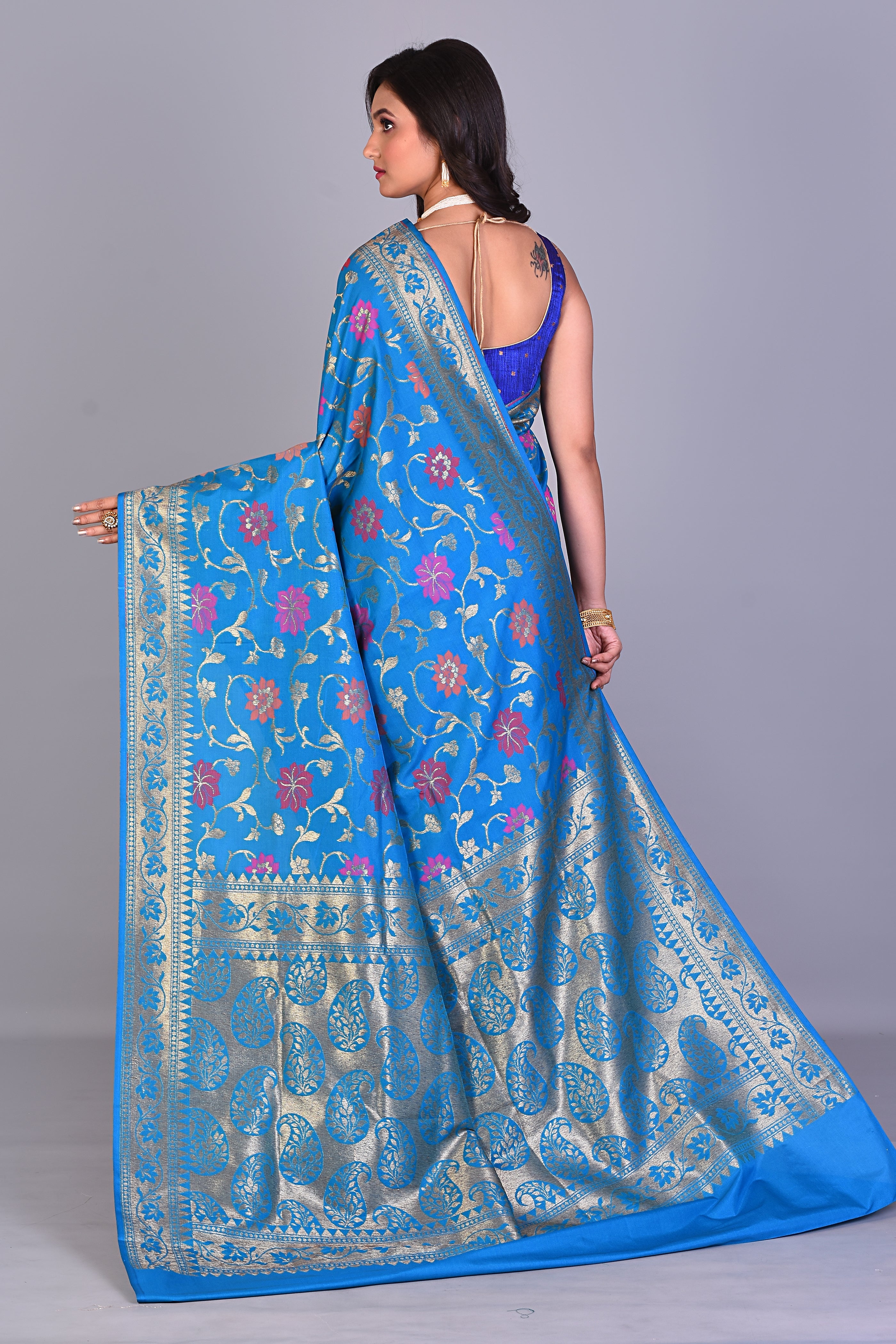 Blue Blended Dupion Silk Saree with Meenakari Works - Keya Seth Exclusive