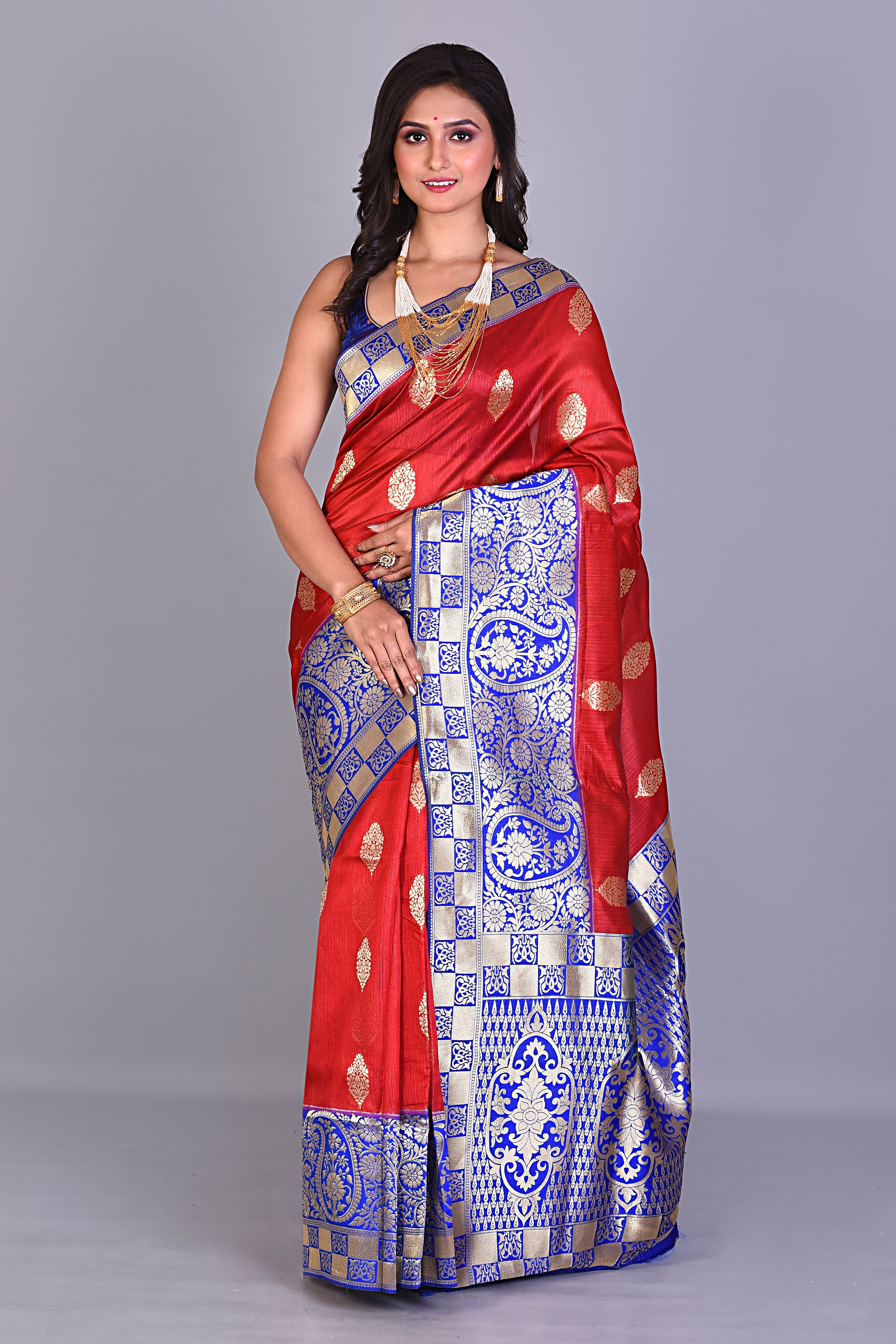 Red Blended Silk Saree with Royal Blue Borders - Keya Seth Exclusive