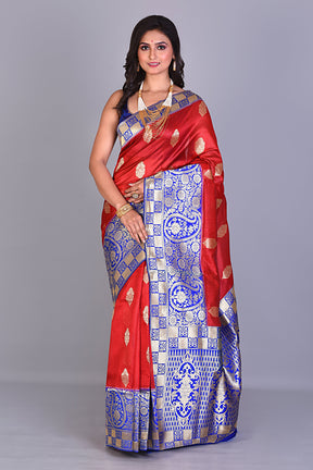 Red Blended Silk Saree with Royal Blue Borders - Keya Seth Exclusive