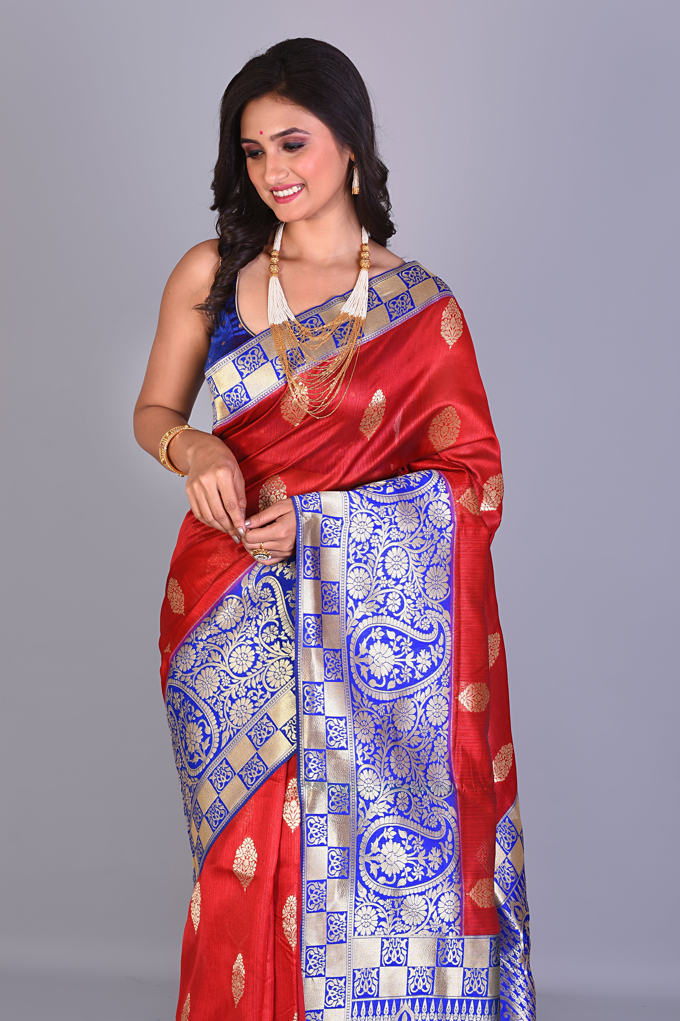 Red Blended Silk Saree with Royal Blue Borders - Keya Seth Exclusive