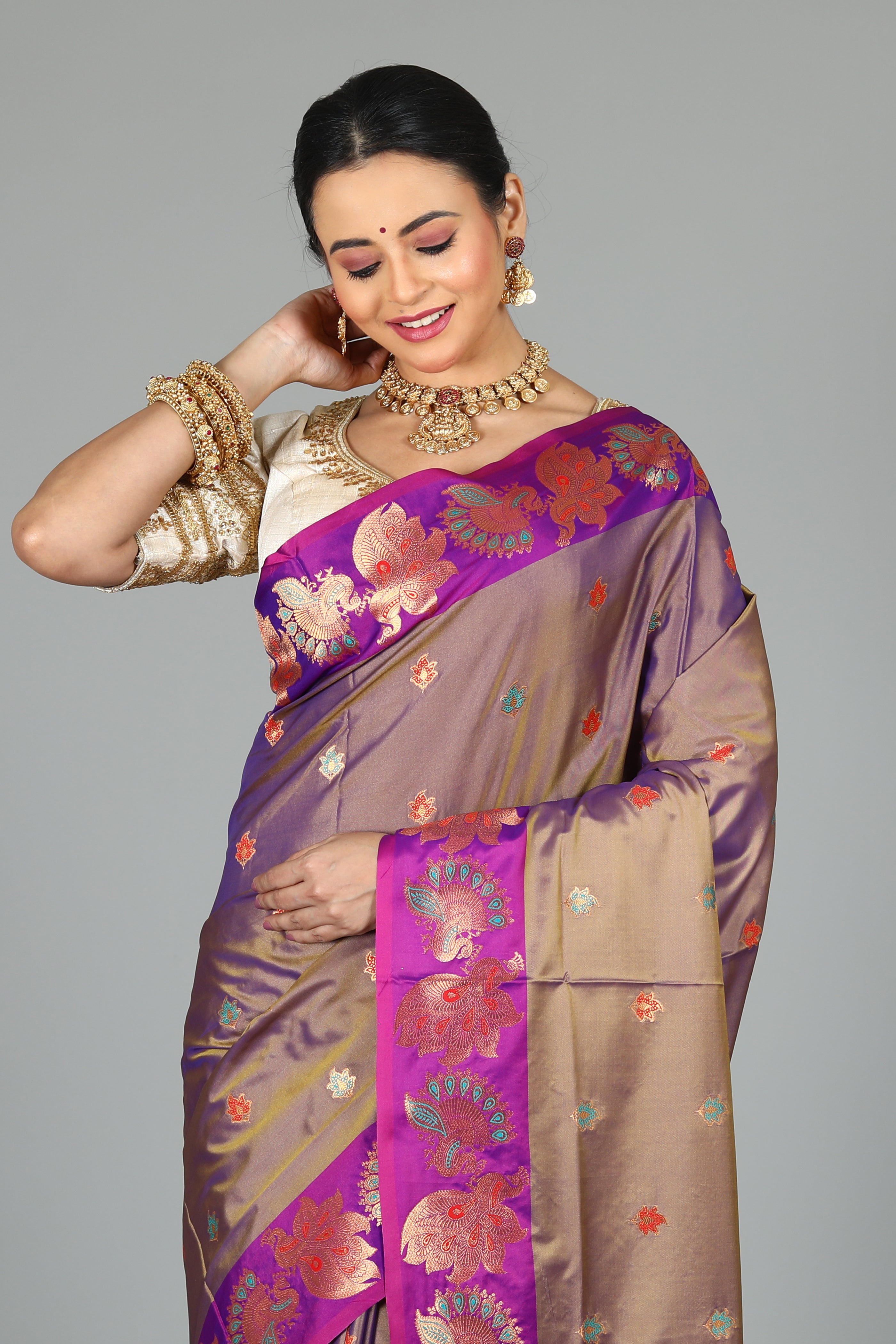 Dual Tone Grey Madurai Silk Saree