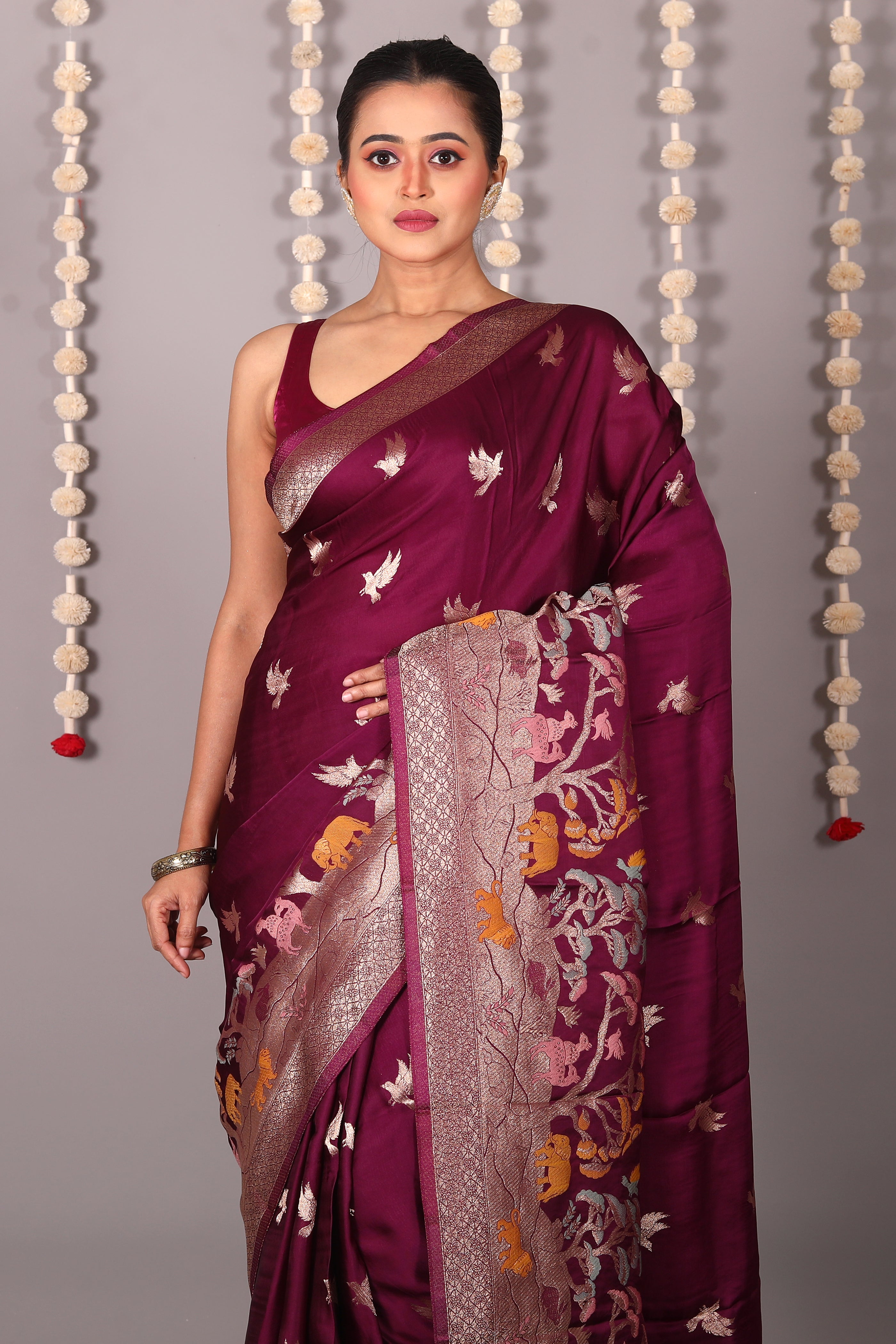 Wine Blended Satin Silk Saree - Keya Seth Exclusive