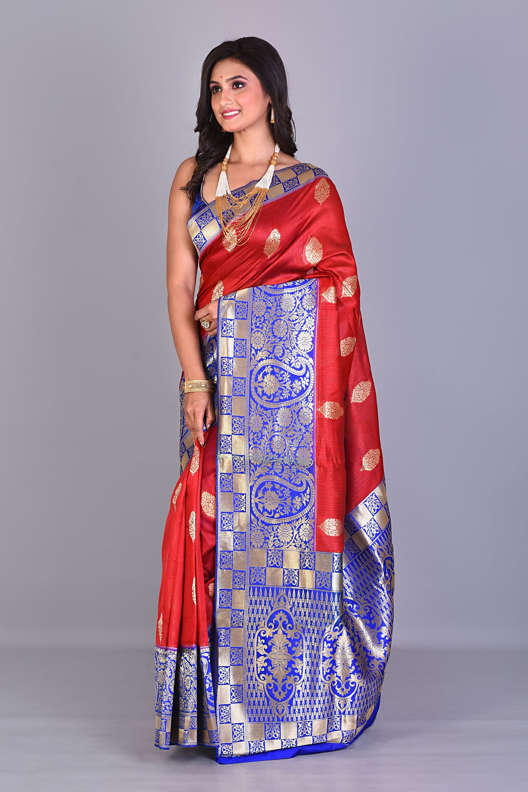 Red Blended Silk Saree with Royal Blue Borders - Keya Seth Exclusive