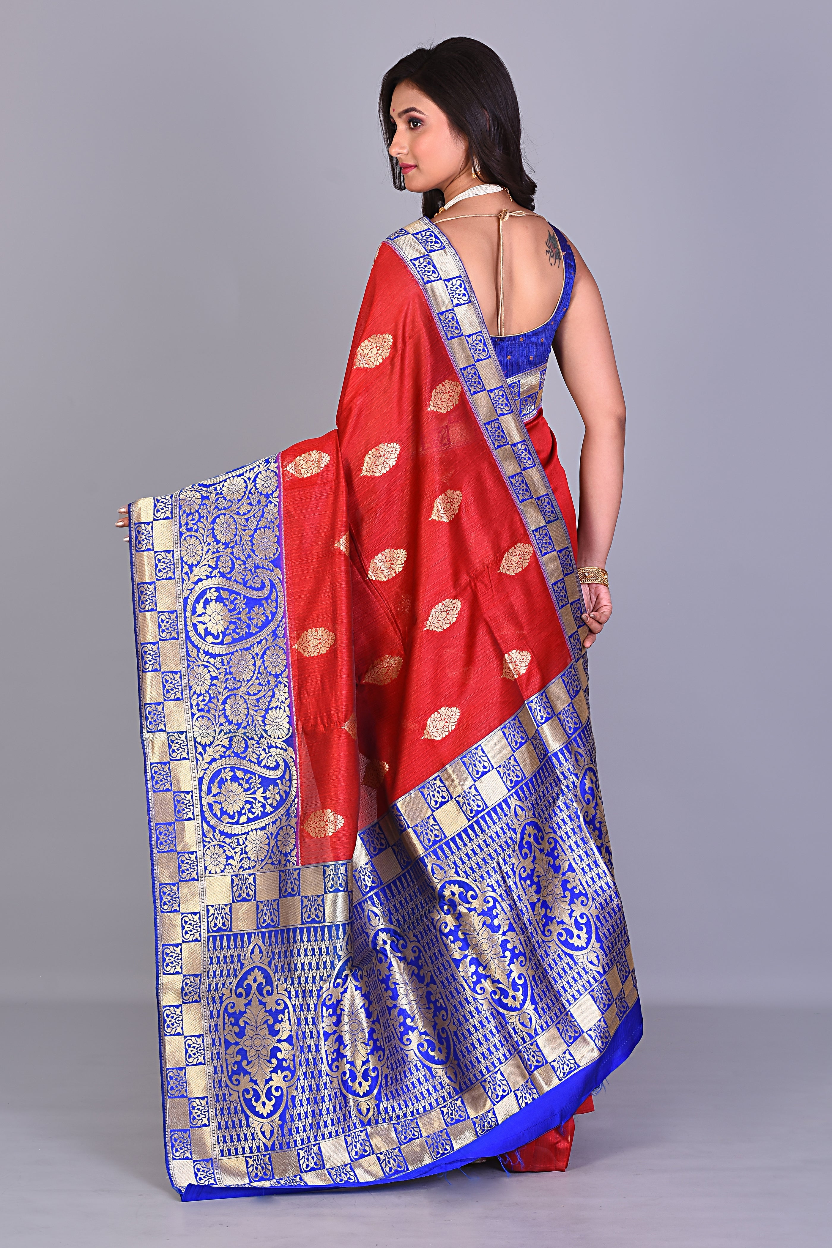 Red Blended Silk Saree with Royal Blue Borders - Keya Seth Exclusive