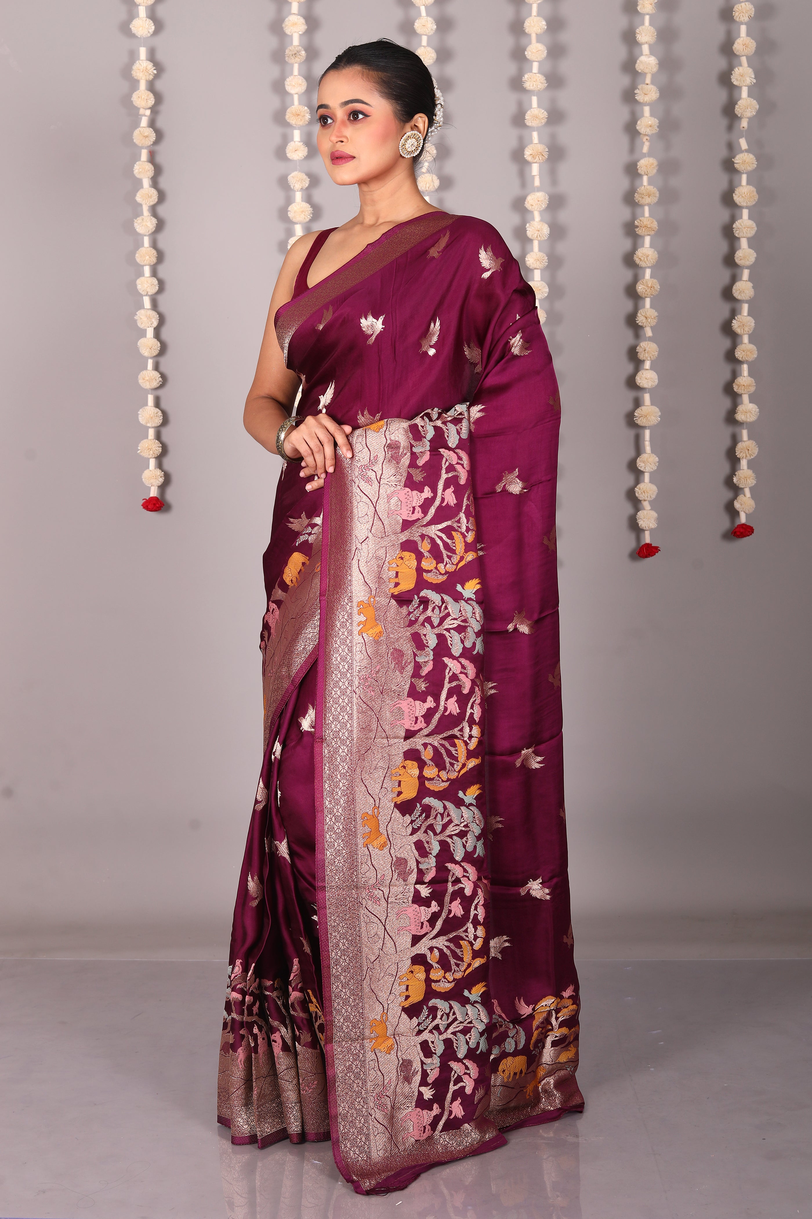 Wine Blended Satin Silk Saree - Keya Seth Exclusive