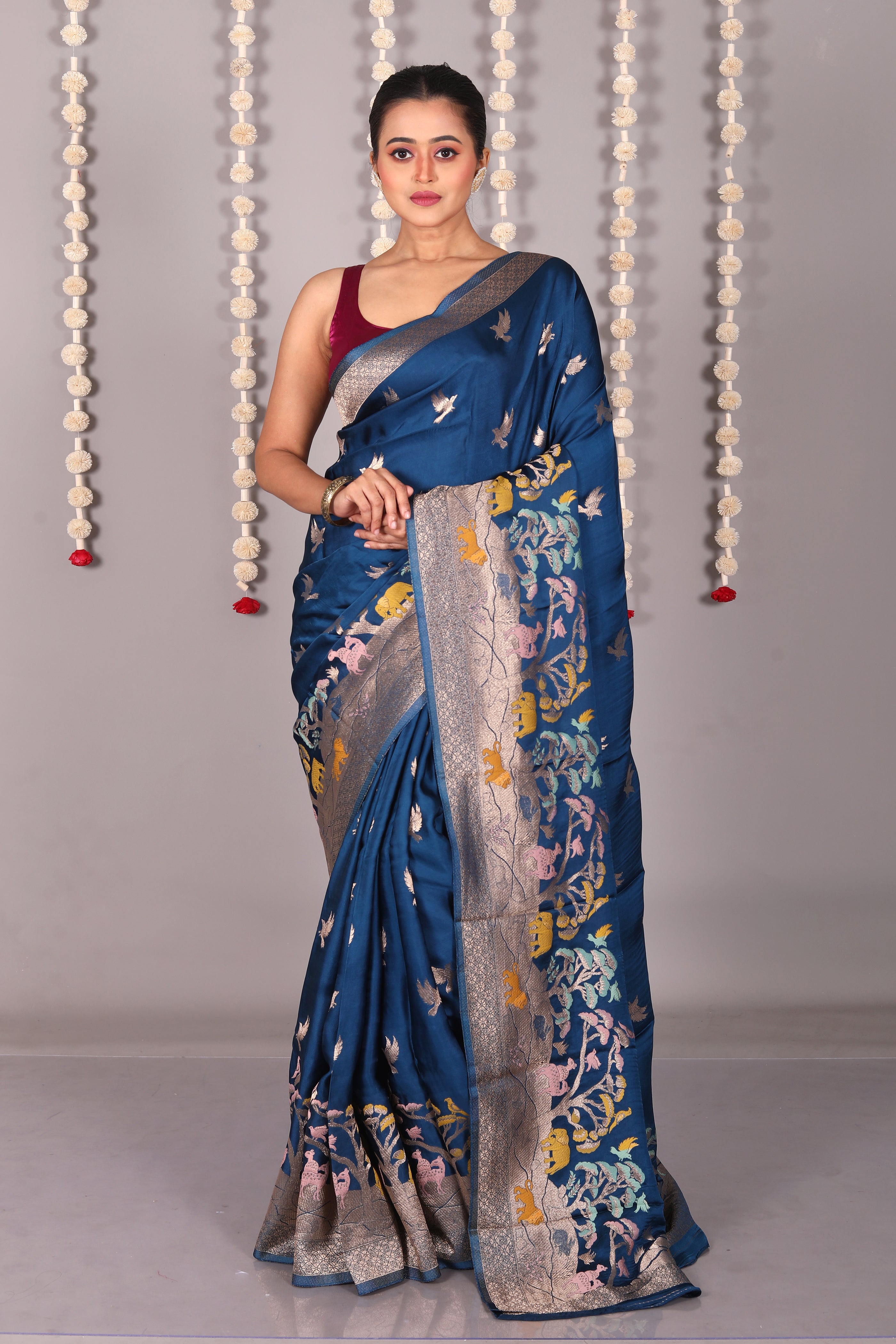Blue Blended Satin Silk Saree - Keya Seth Exclusive