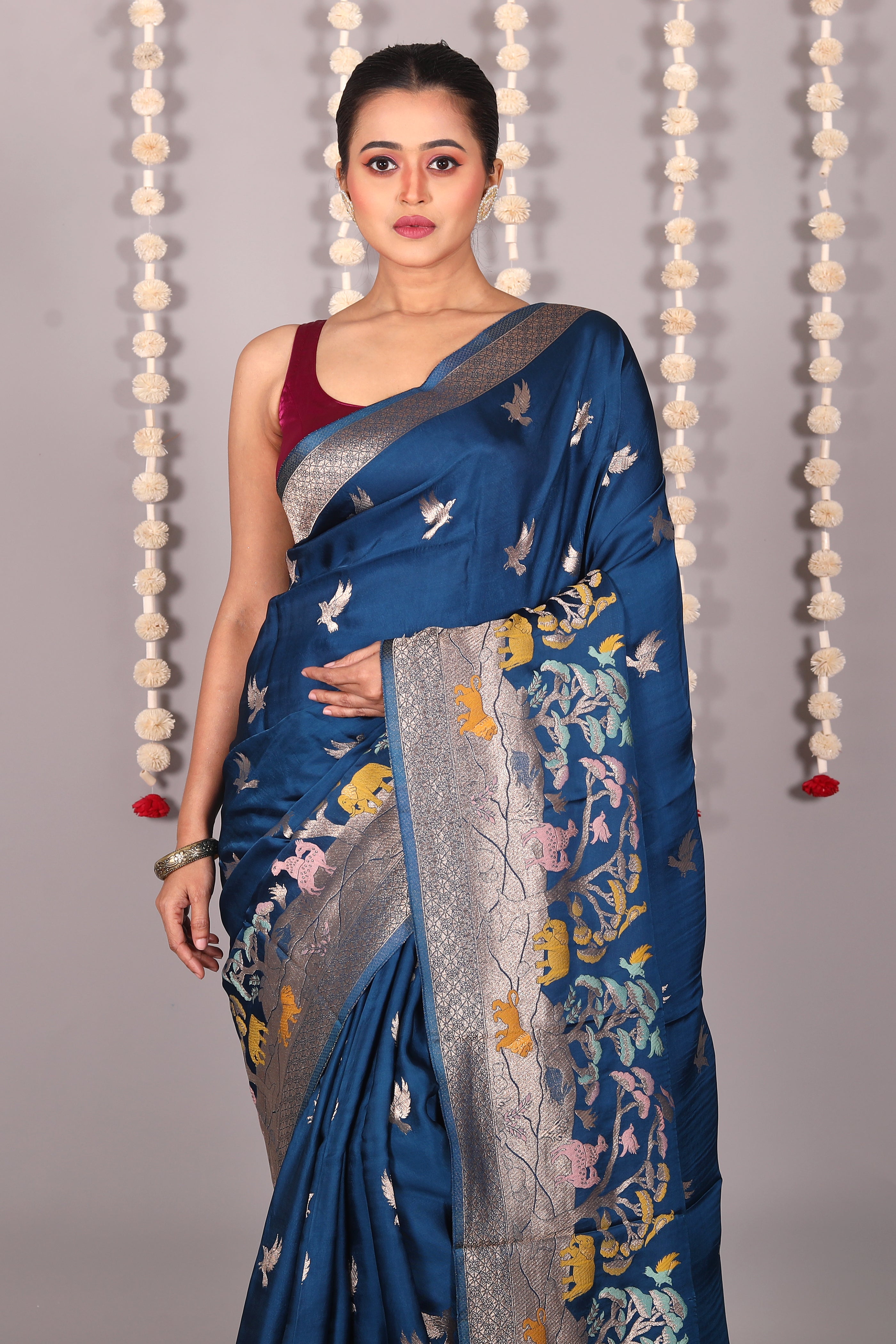 Blue Blended Satin Silk Saree - Keya Seth Exclusive