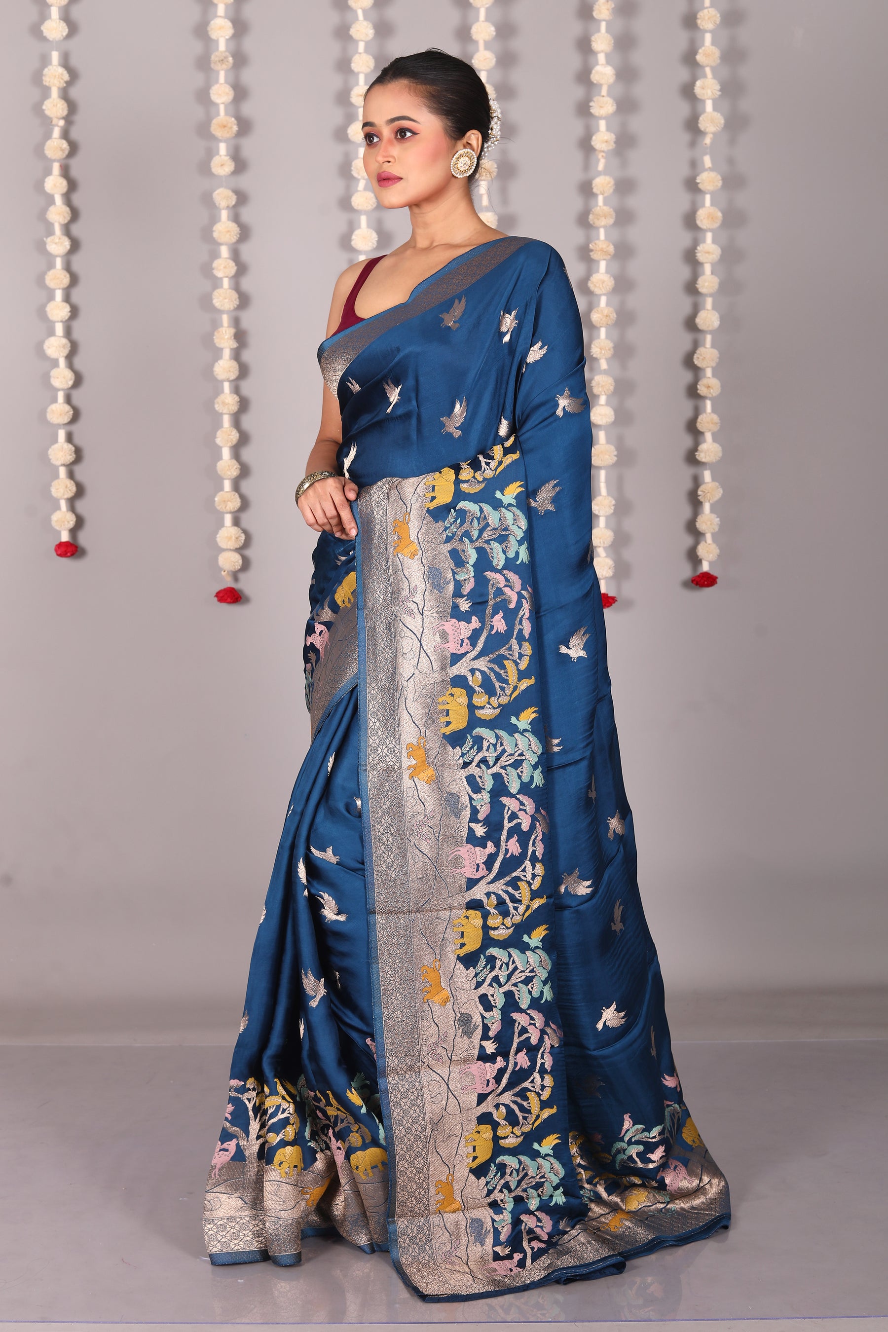 Blue Blended Satin Silk Saree - Keya Seth Exclusive