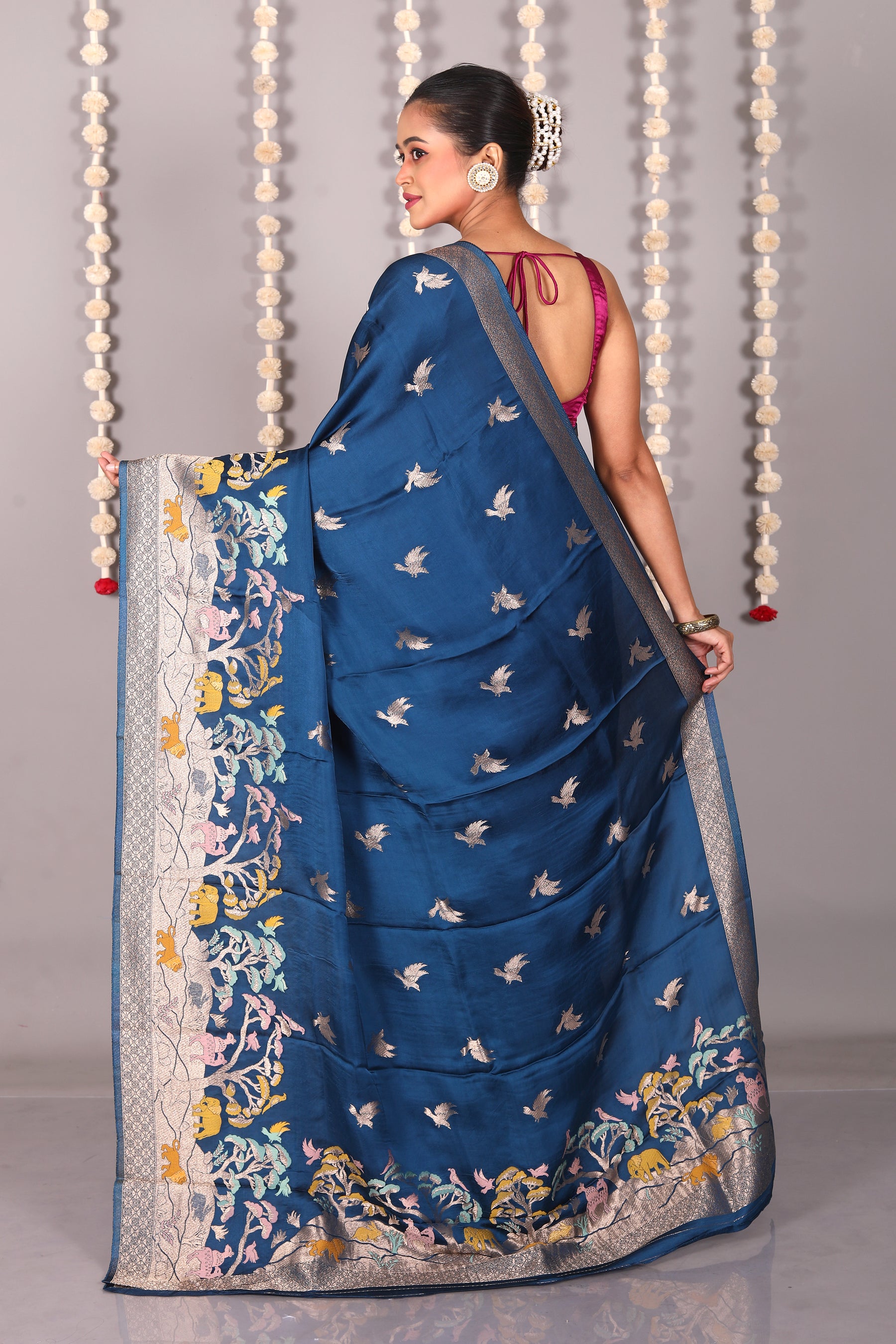 Blue Blended Satin Silk Saree - Keya Seth Exclusive