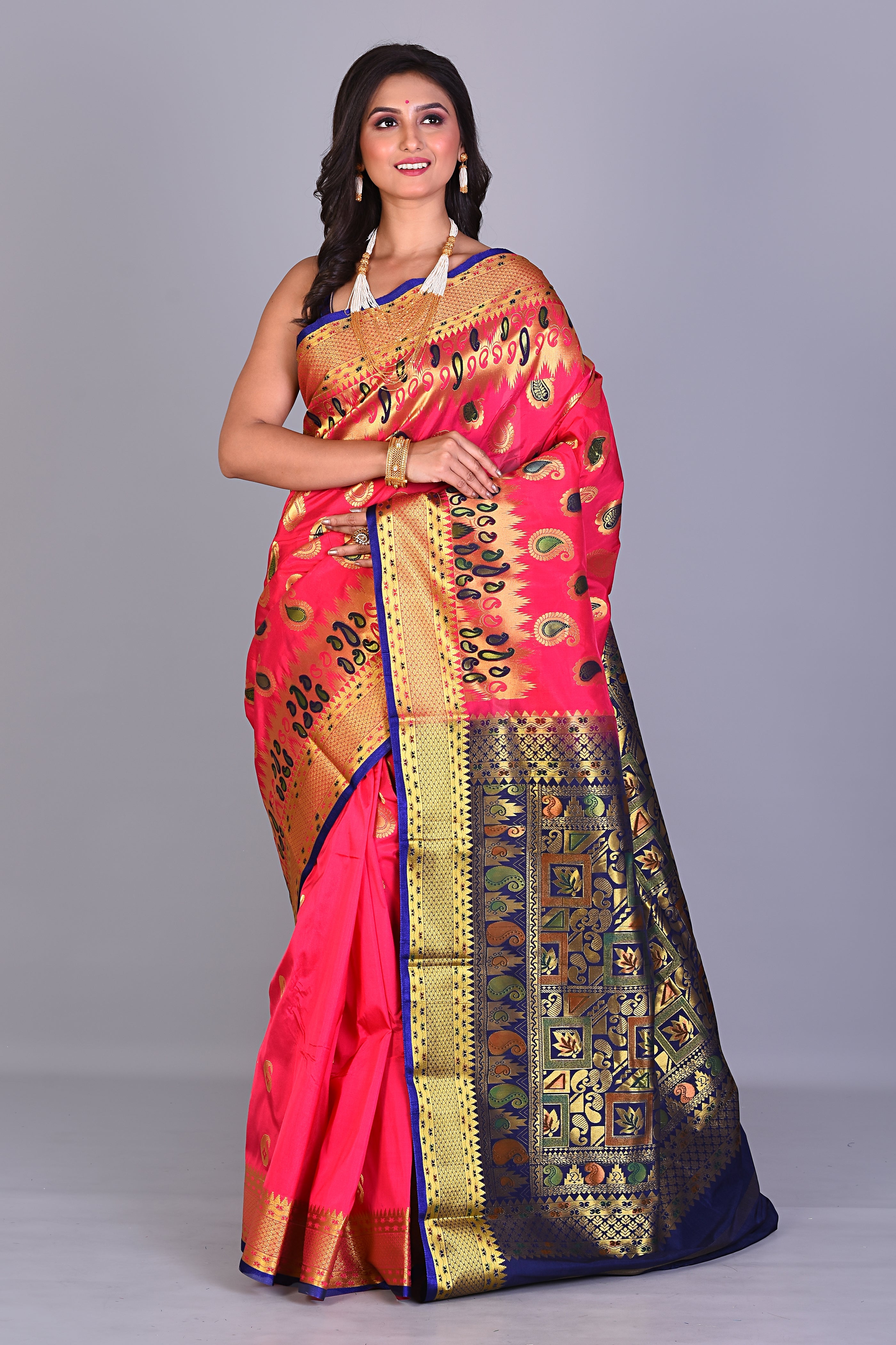 Pink Blended Silk Saree with Deep Blue Borders - Keya Seth Exclusive