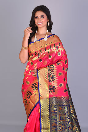 Pink Blended Silk Saree with Deep Blue Borders - Keya Seth Exclusive