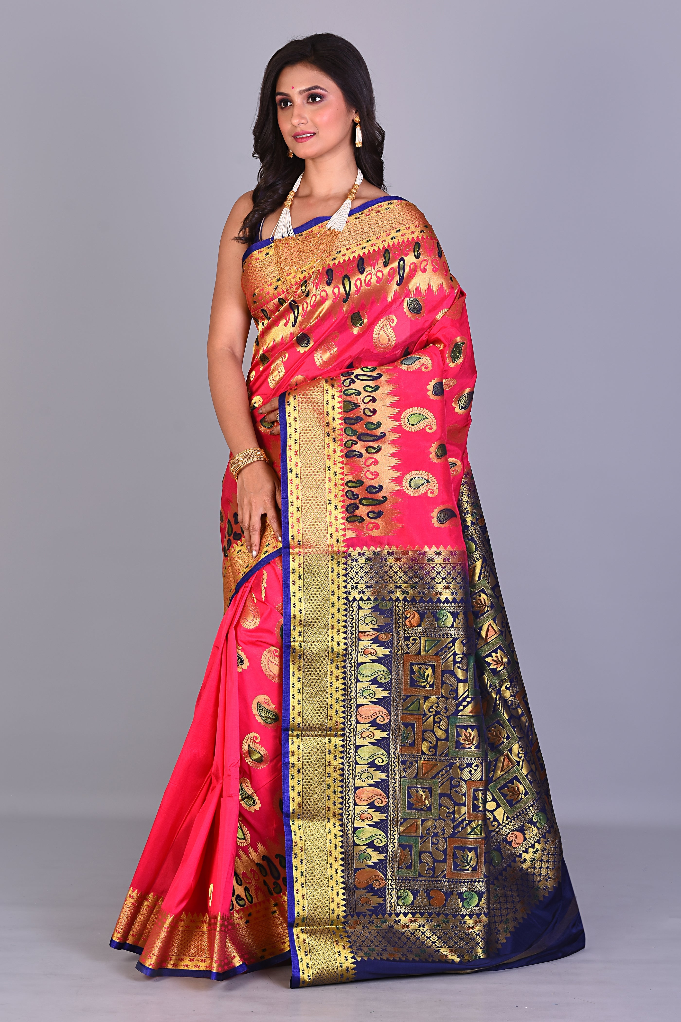 Pink Blended Silk Saree with Deep Blue Borders - Keya Seth Exclusive