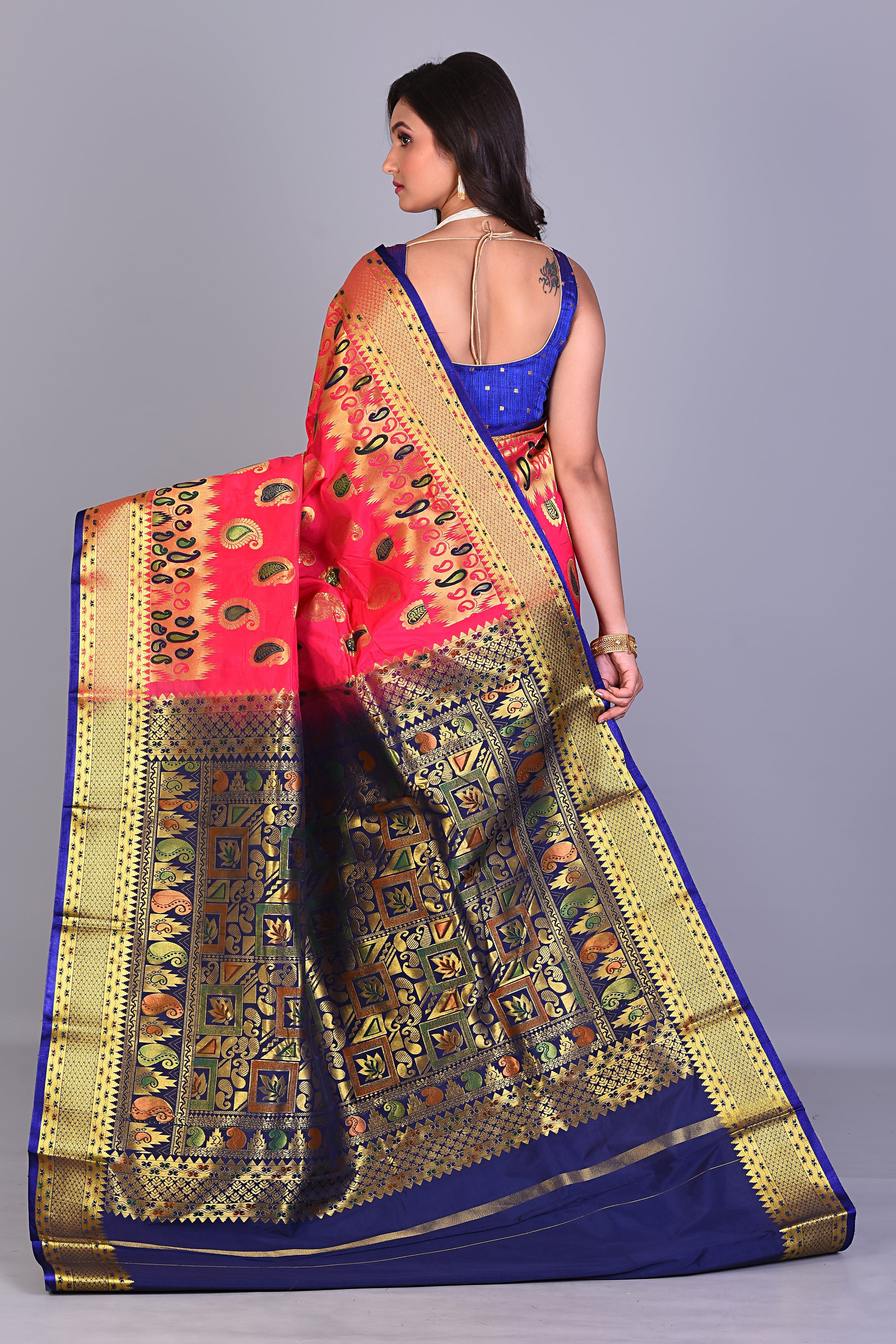 Pink Blended Silk Saree with Deep Blue Borders - Keya Seth Exclusive