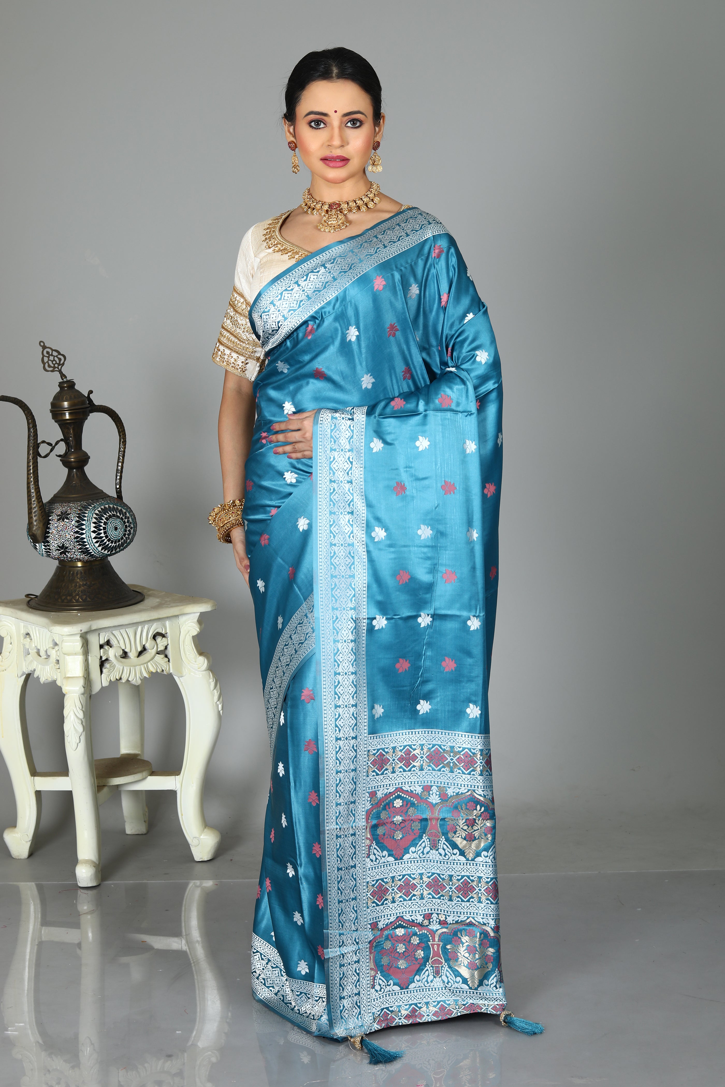 Blue Blended Satin Silk Saree