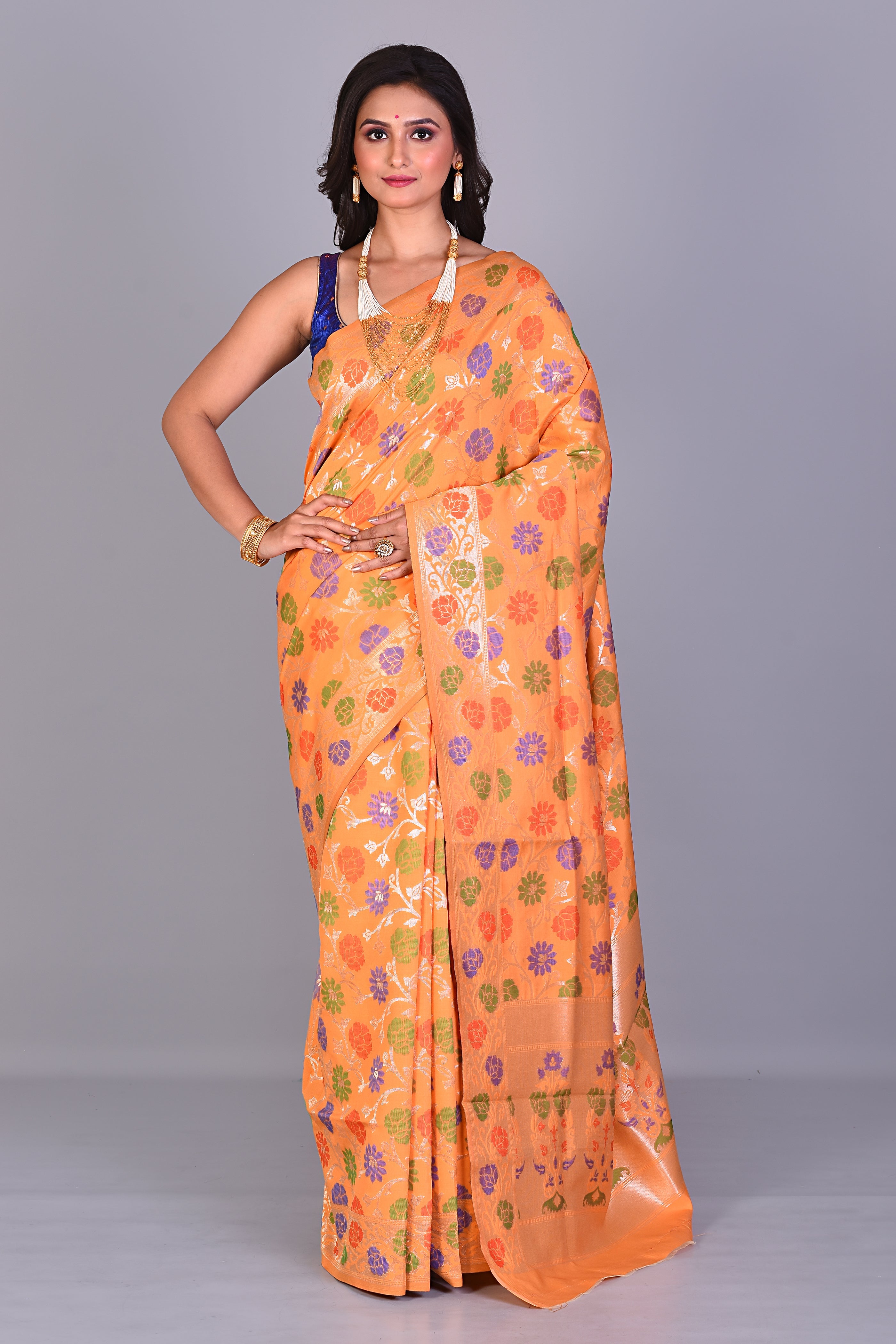 Yellow Blended Silk Saree with Meenakari Works - Keya Seth Exclusive