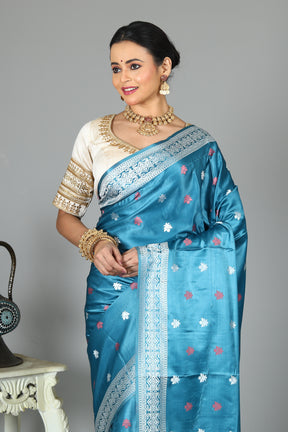 Blue Blended Satin Silk Saree