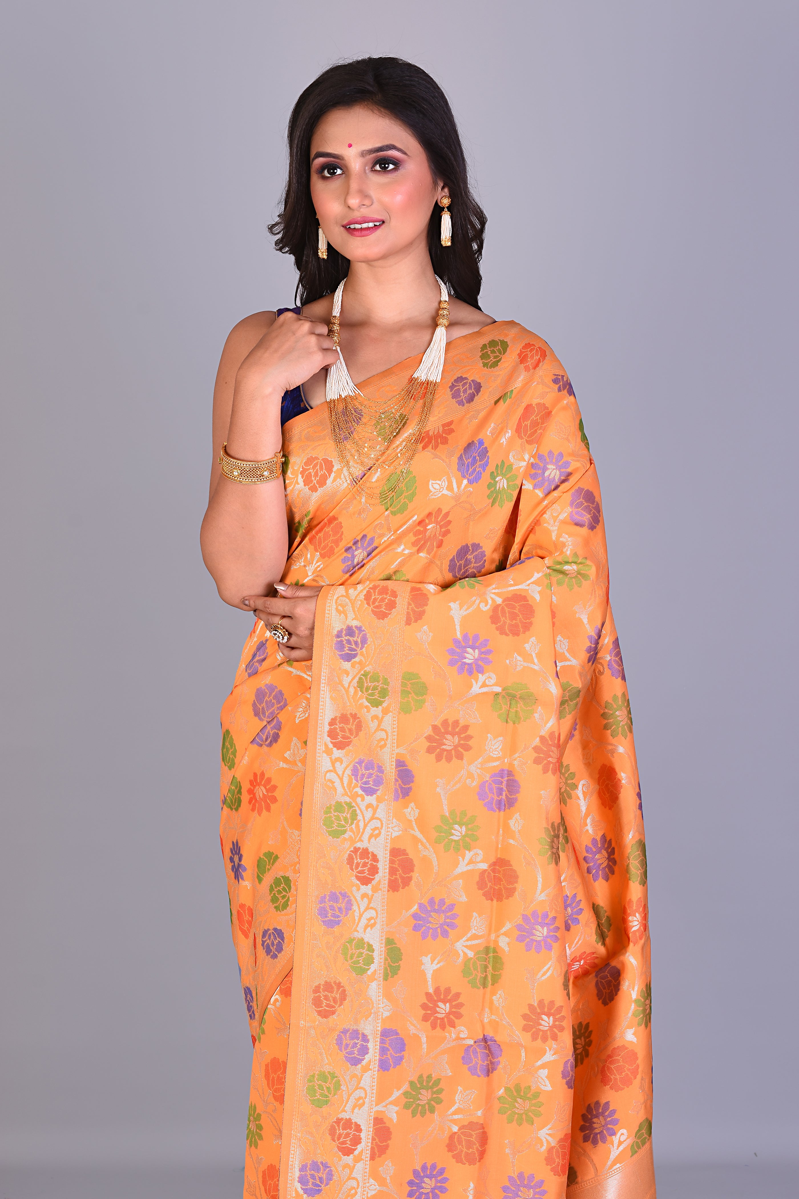 Yellow Blended Silk Saree with Meenakari Works - Keya Seth Exclusive