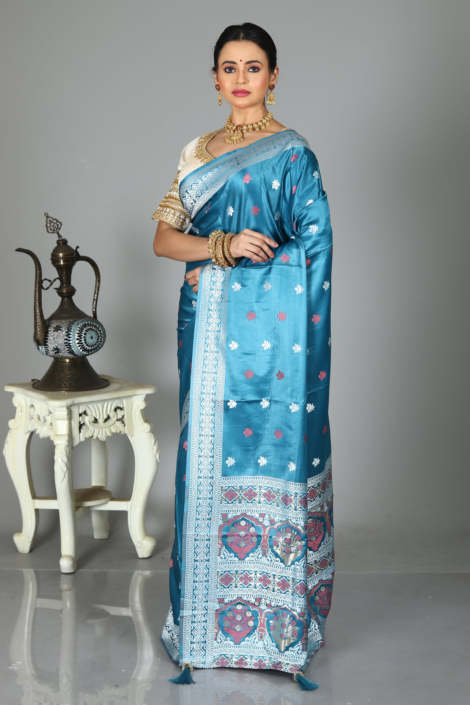 Blue Blended Satin Silk Saree