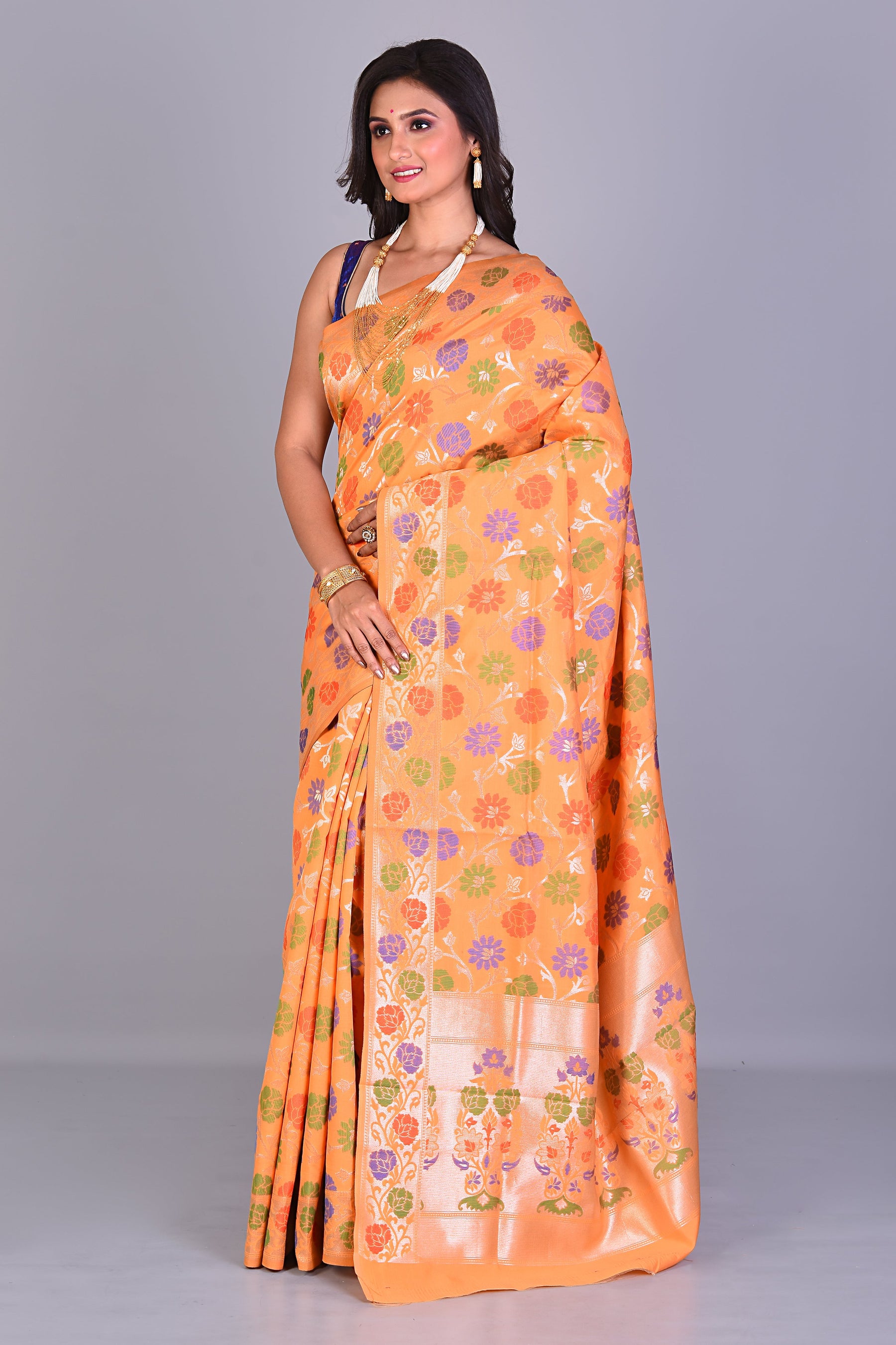 Yellow Blended Silk Saree with Meenakari Works - Keya Seth Exclusive