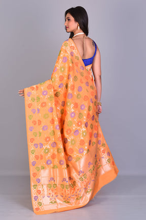 Yellow Blended Silk Saree with Meenakari Works - Keya Seth Exclusive