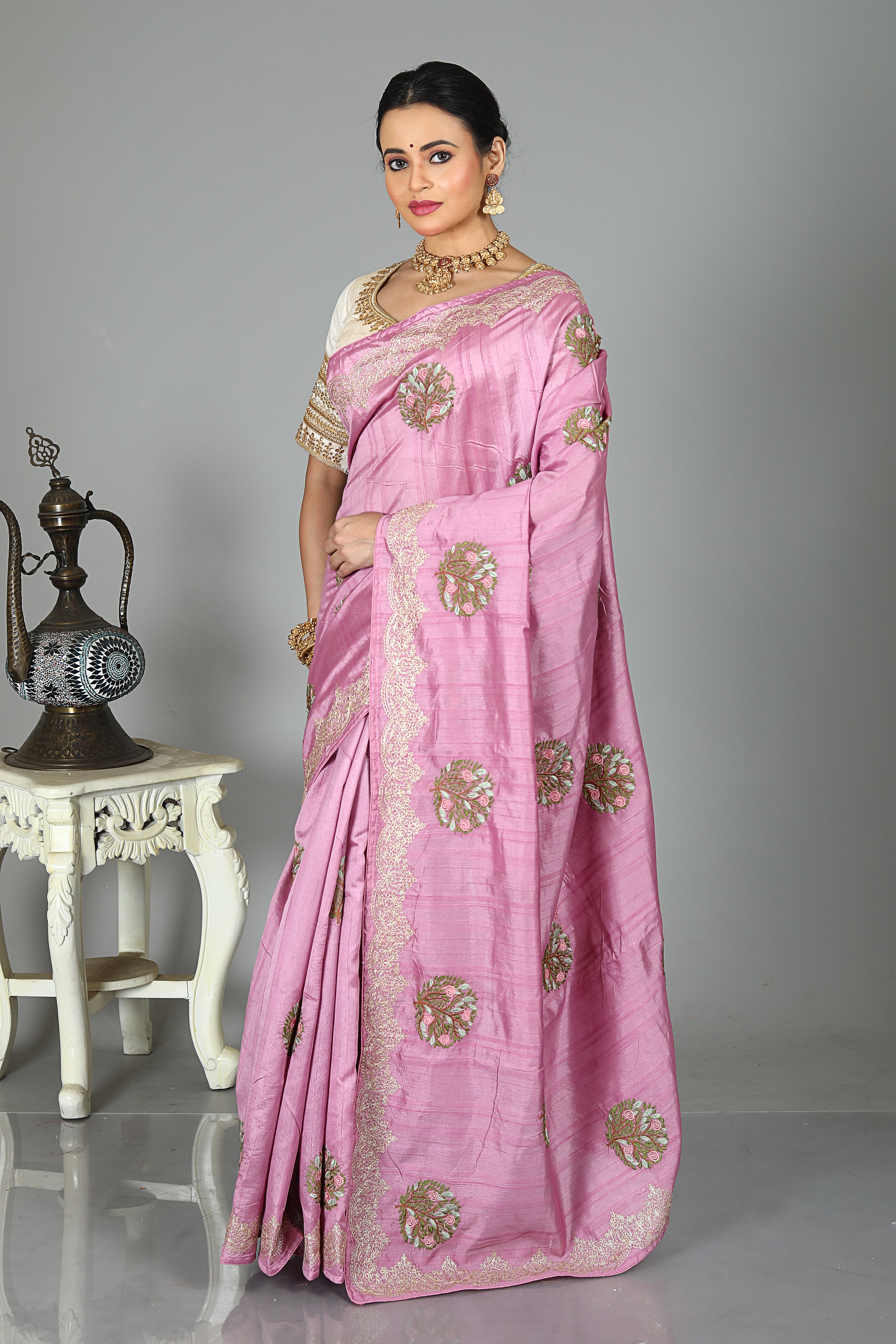 Pink Blended Tussar Silk Saree