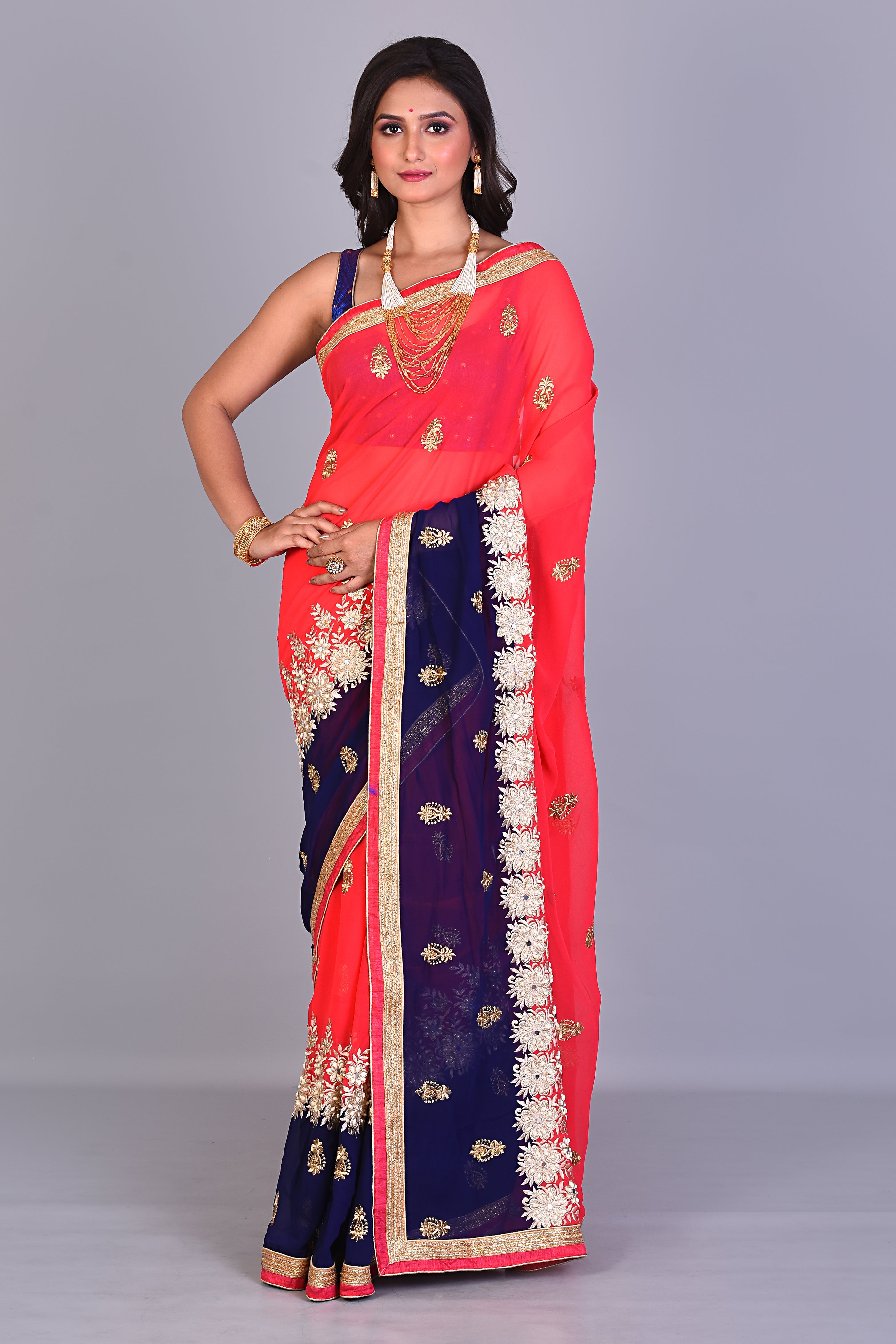 Fancy Pink Blended Georgette Saree with Floral Works - Keya Seth Exclusive