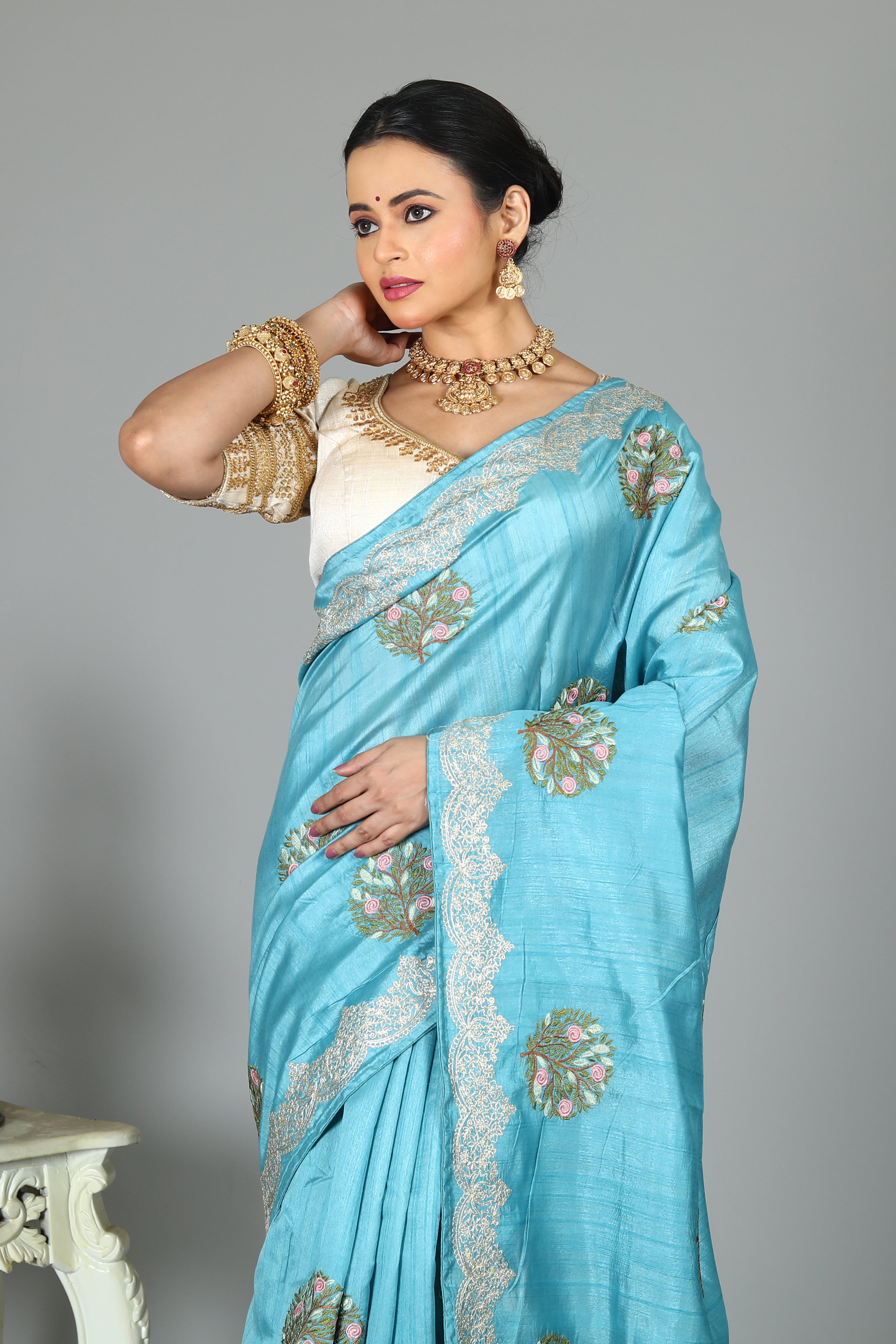 Blue Blended Tussar Silk Saree